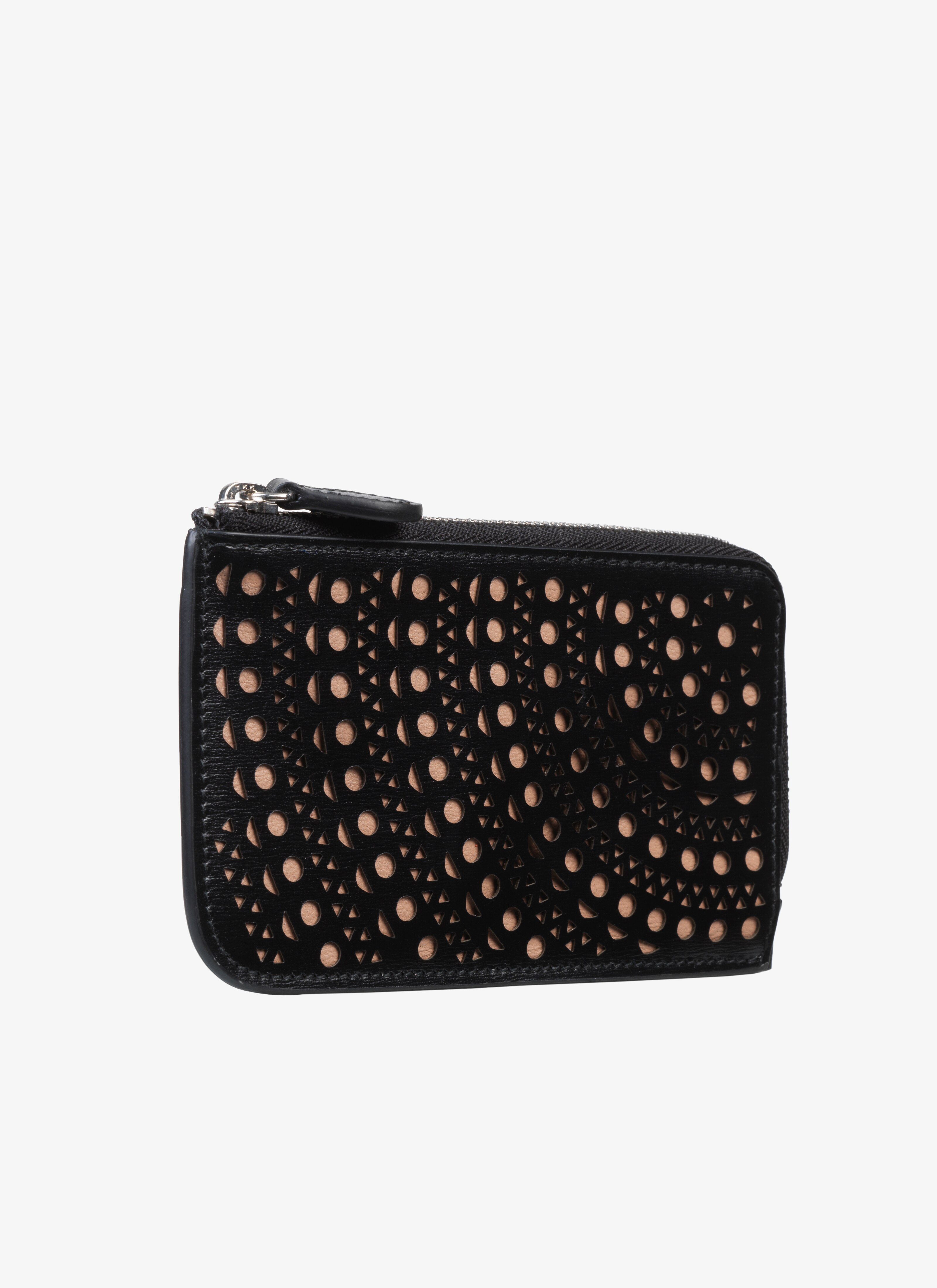 ALAÏA BLACK/SAND ZIPPED OPENWORK LEATHER CARDHOLDER