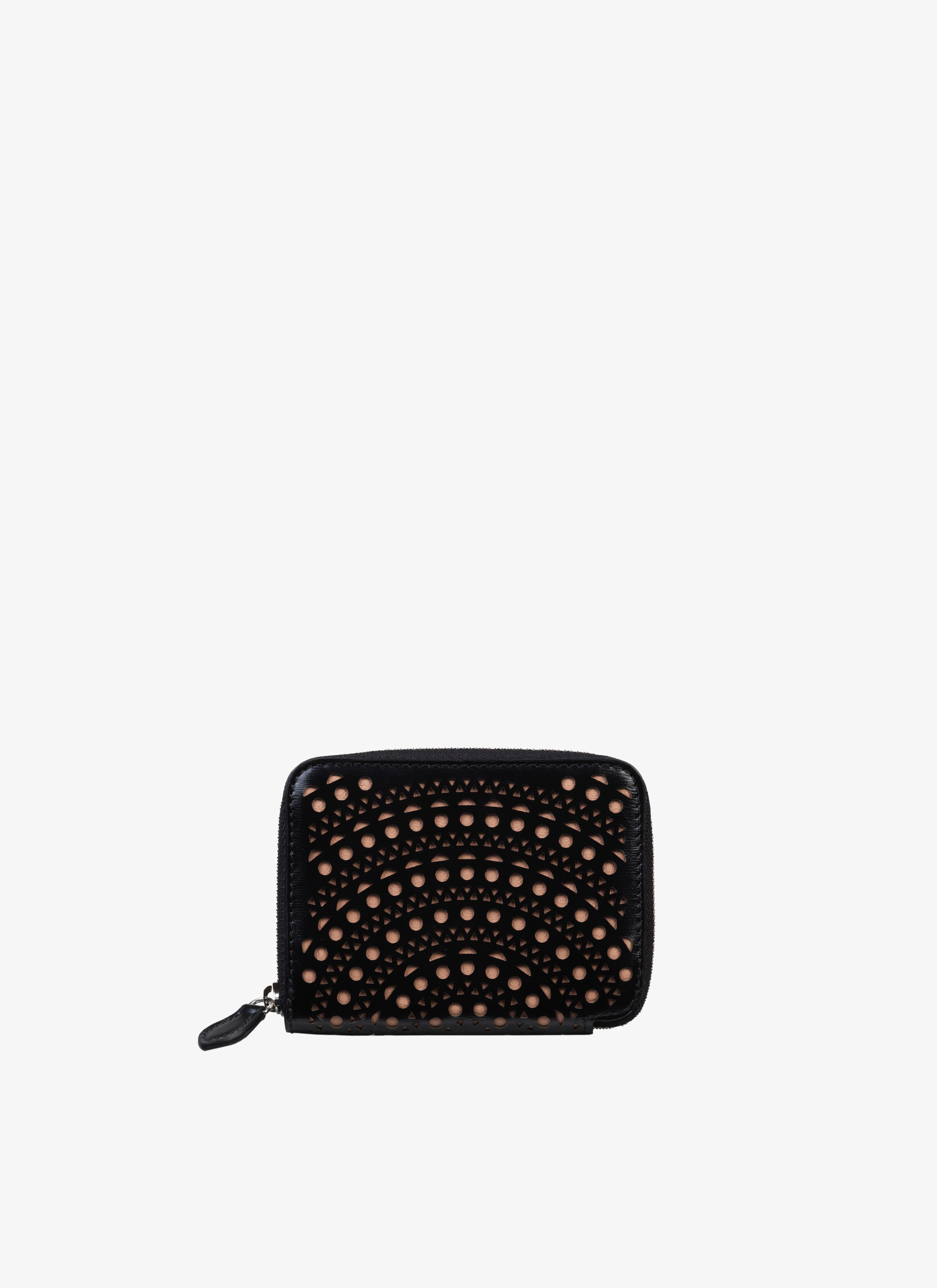 ALAÏA BLACK/SAND ZIPPED OPENWORK LEATHER CARDHOLDER