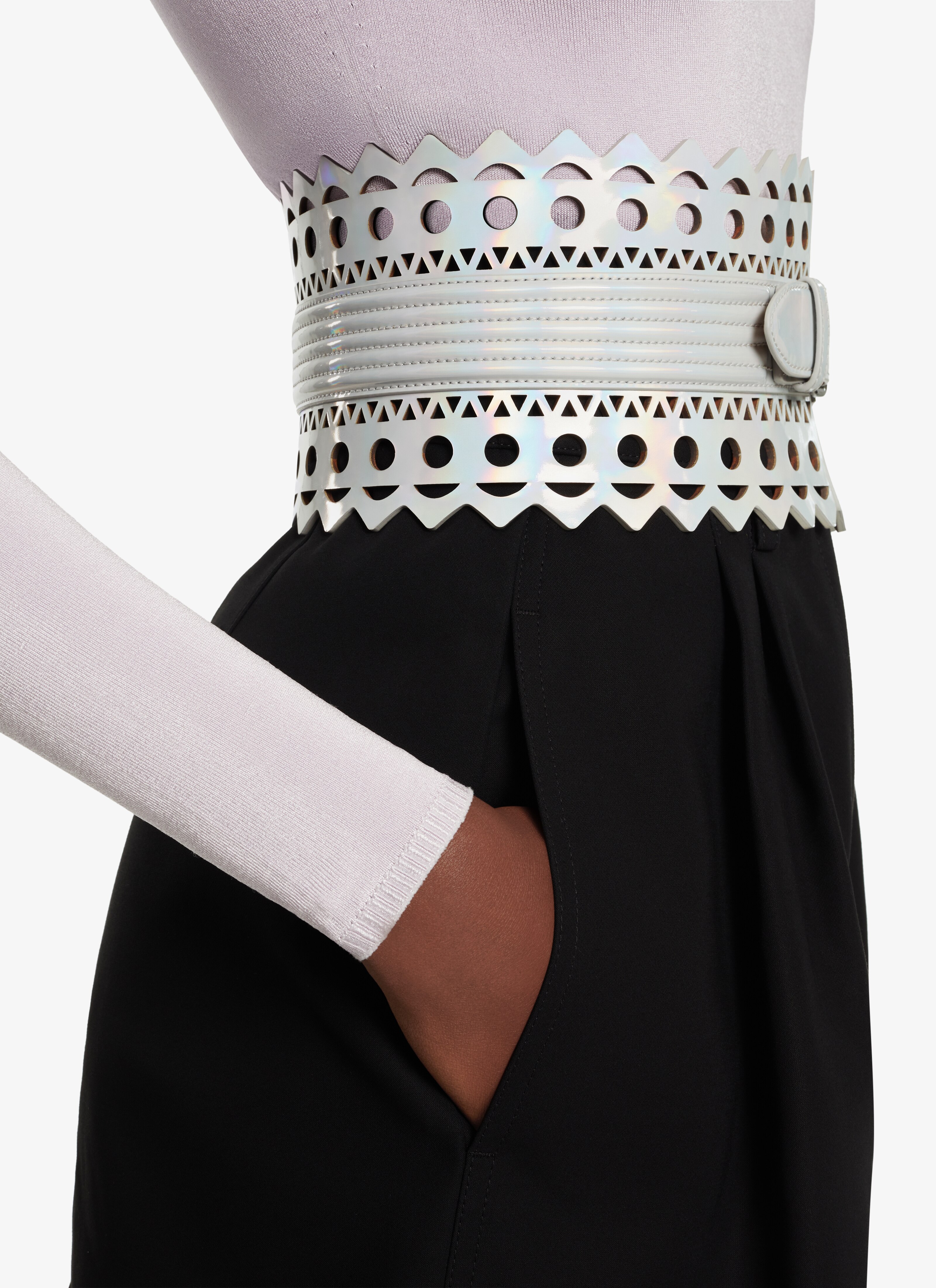 ALAÏA REFLEX WHITE SMALL CORSET BELT IN VIENNE WAVE LUX CALFSKIN