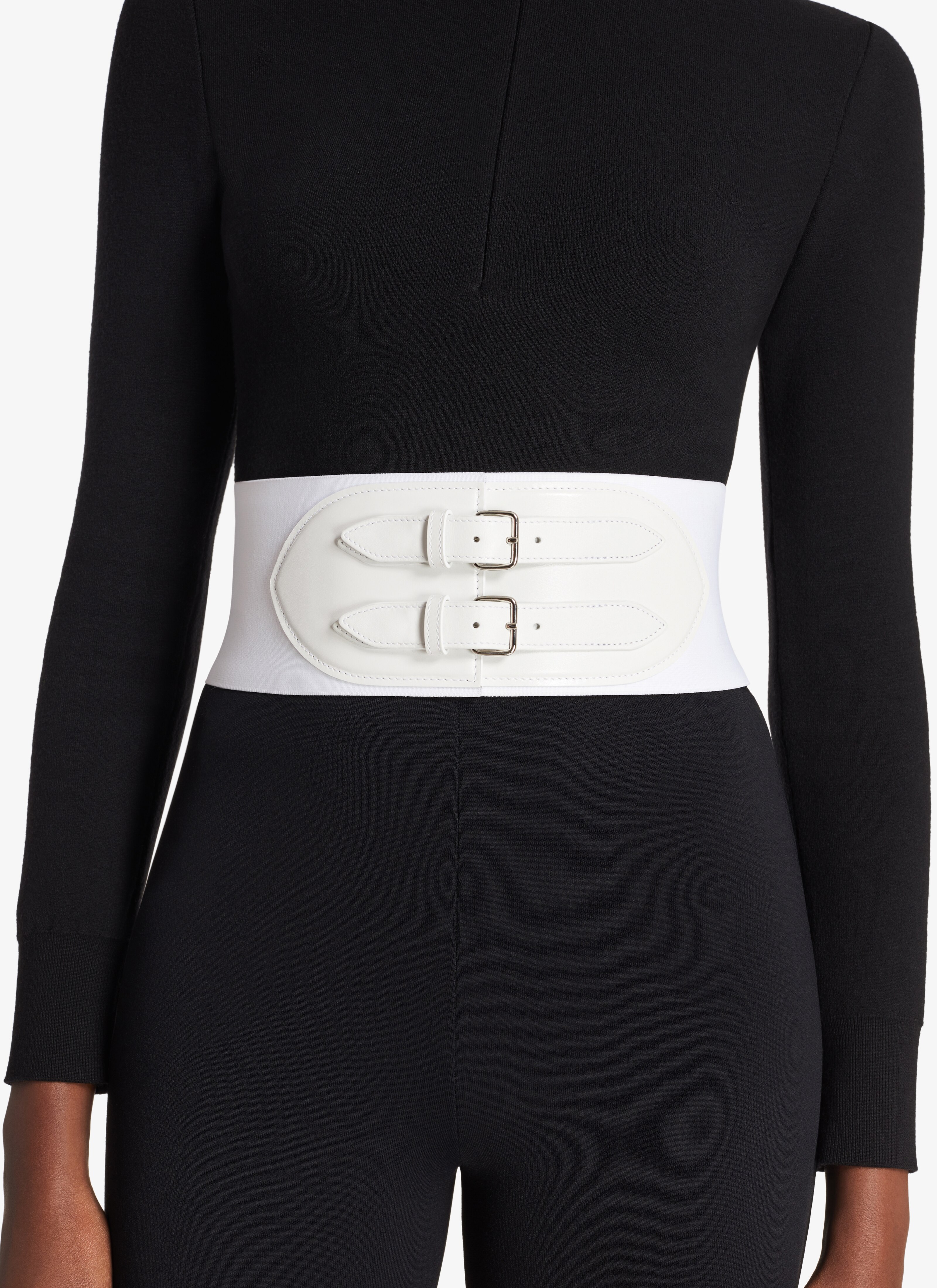 ALAÏA 옵틱 화이트 송아지 가죽 스트레치 코르셋 엘라스틱 벨트