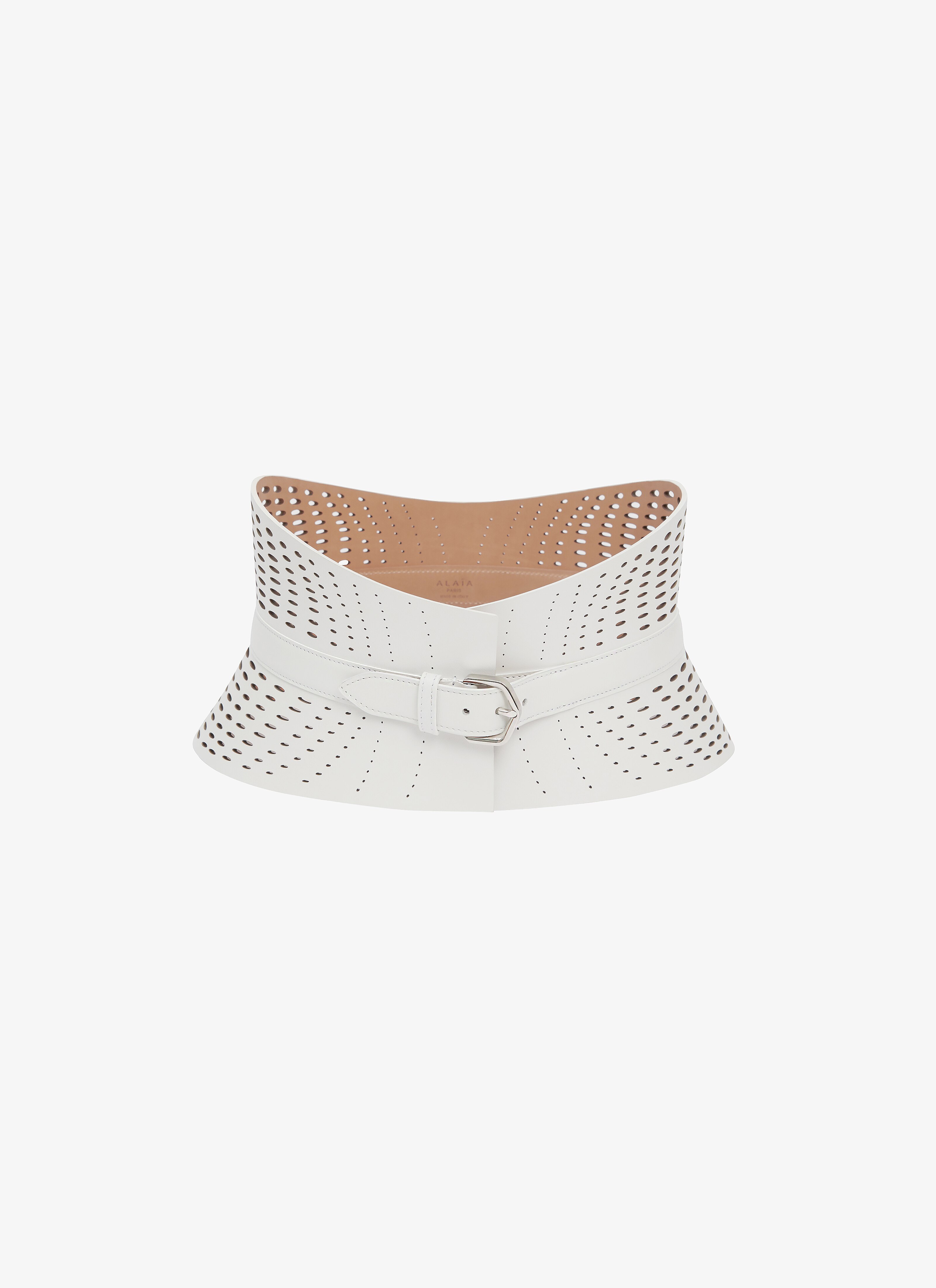 ALAÏA WHITE NEO BUSTIER BELT IN OPTICAL PERFO LUX CALFSKIN