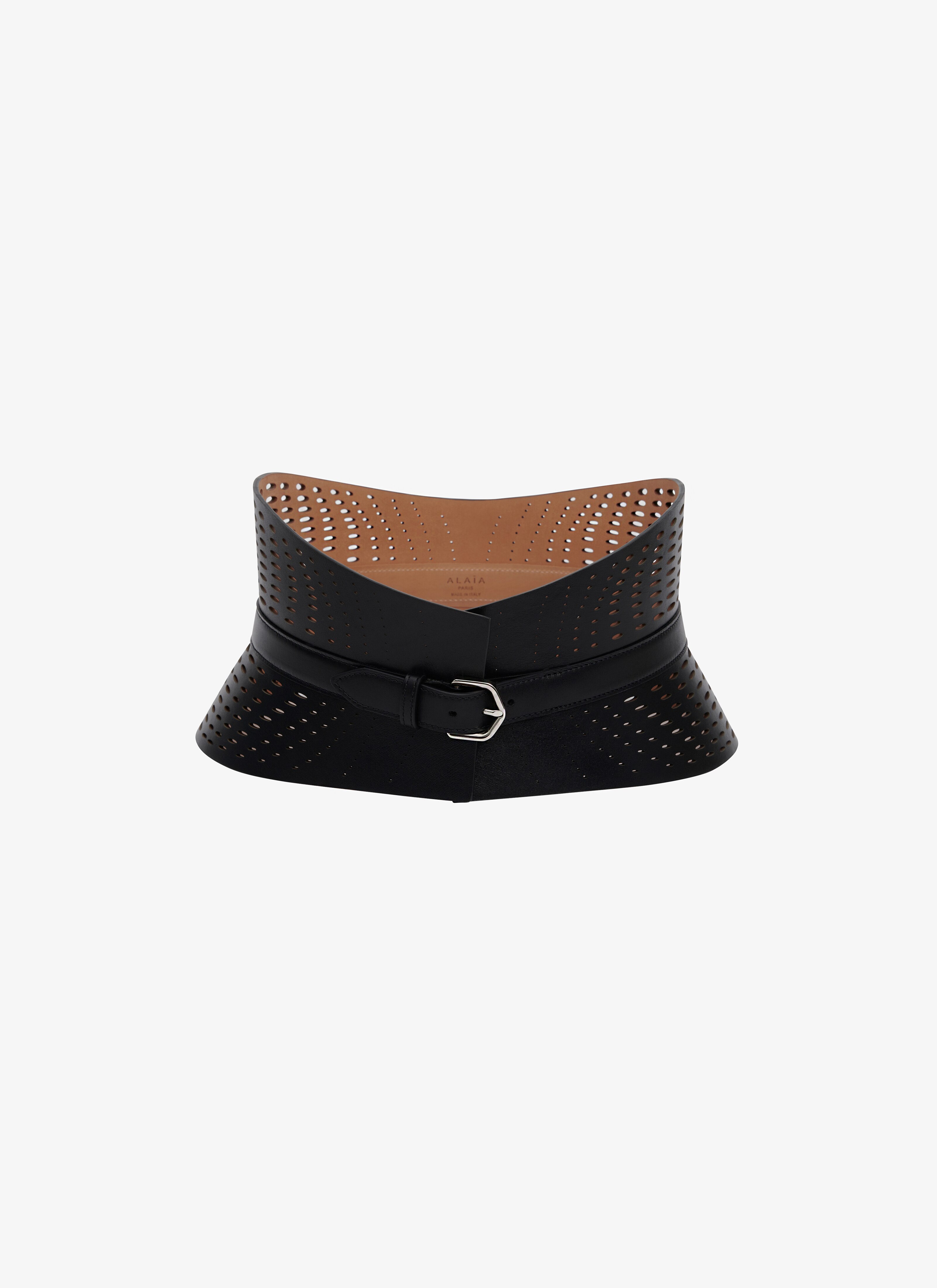 ALAÏA BLACK NEO BUSTIER BELT IN OPTICAL PERFO LUX CALFSKIN