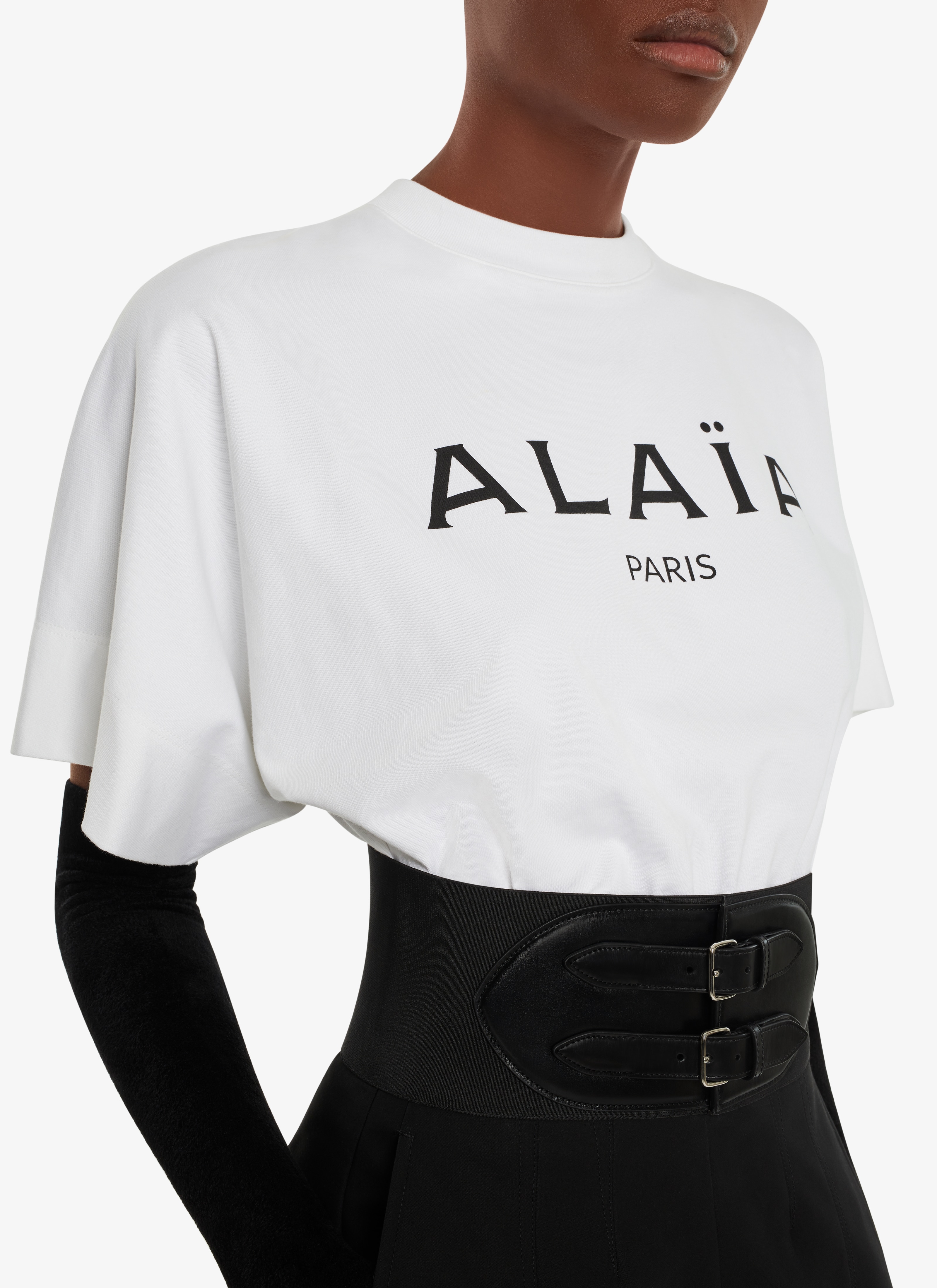 ALAÏA WHITE/BLACK T-SHIRT BODYSUIT PRINTED ALAÏA LOGO