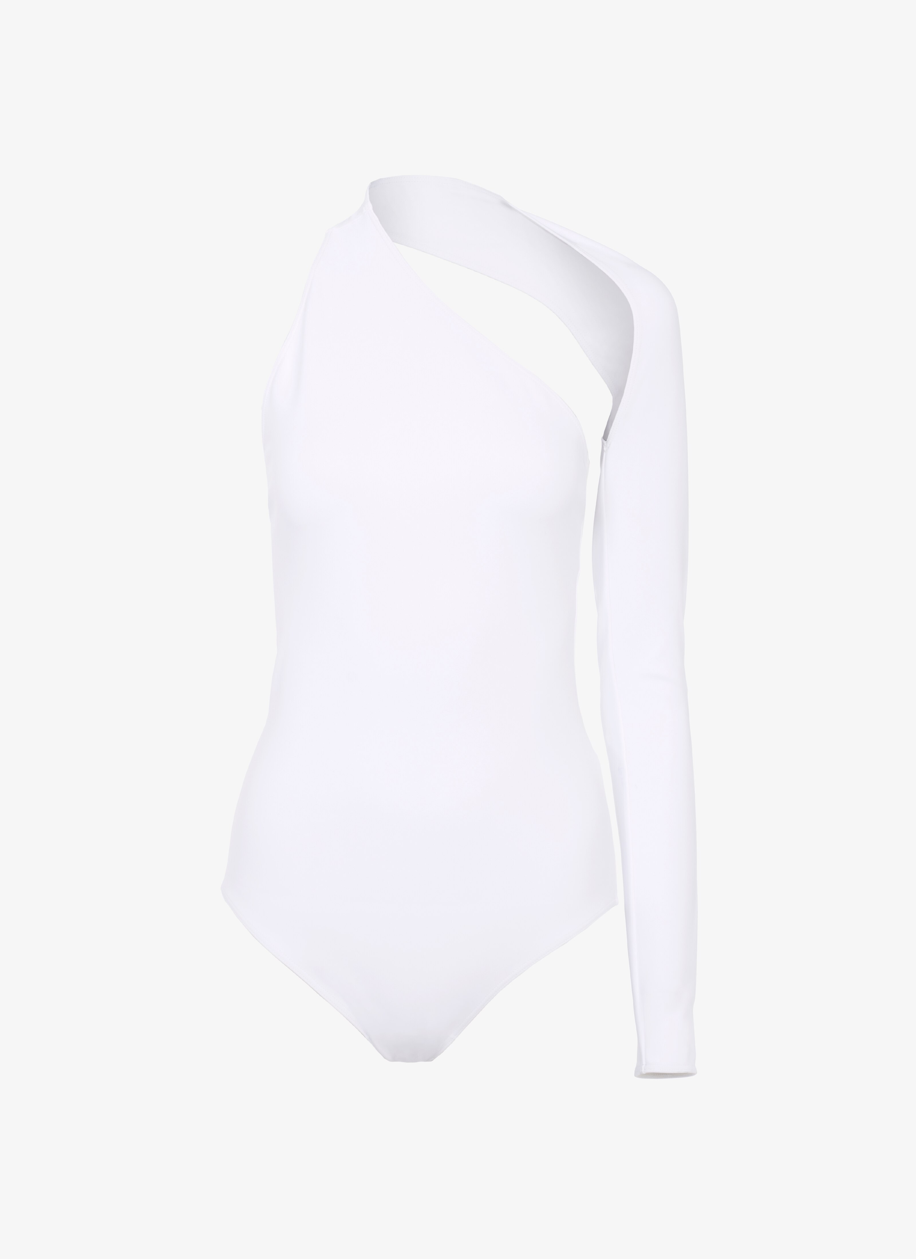 ALAÏA OPTIC WHITE ASSYMETRIC LONG-SLEEVE BODYSUIT