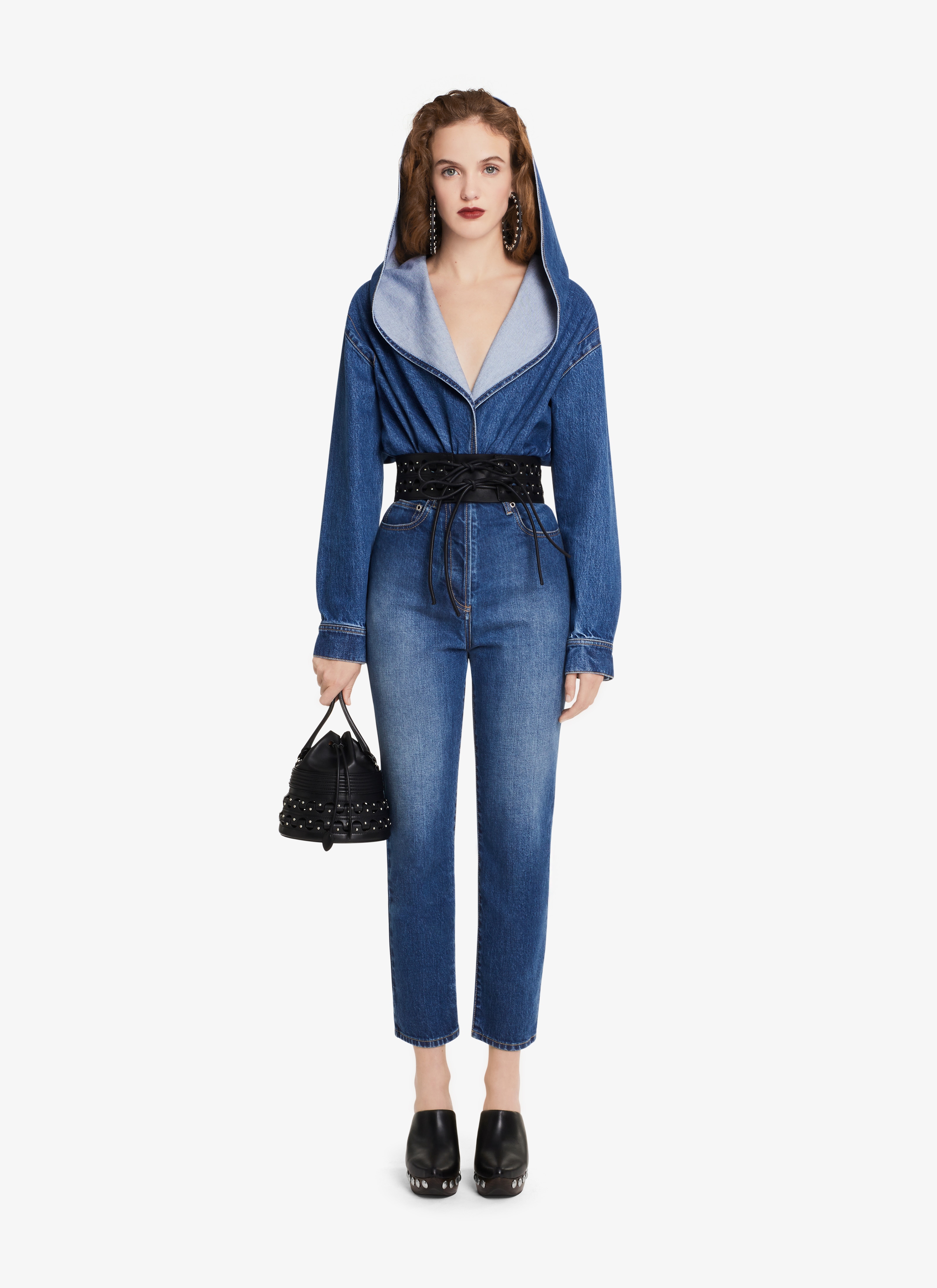 ALAÏA 블루 진 워싱 데님 바디수트 셔츠