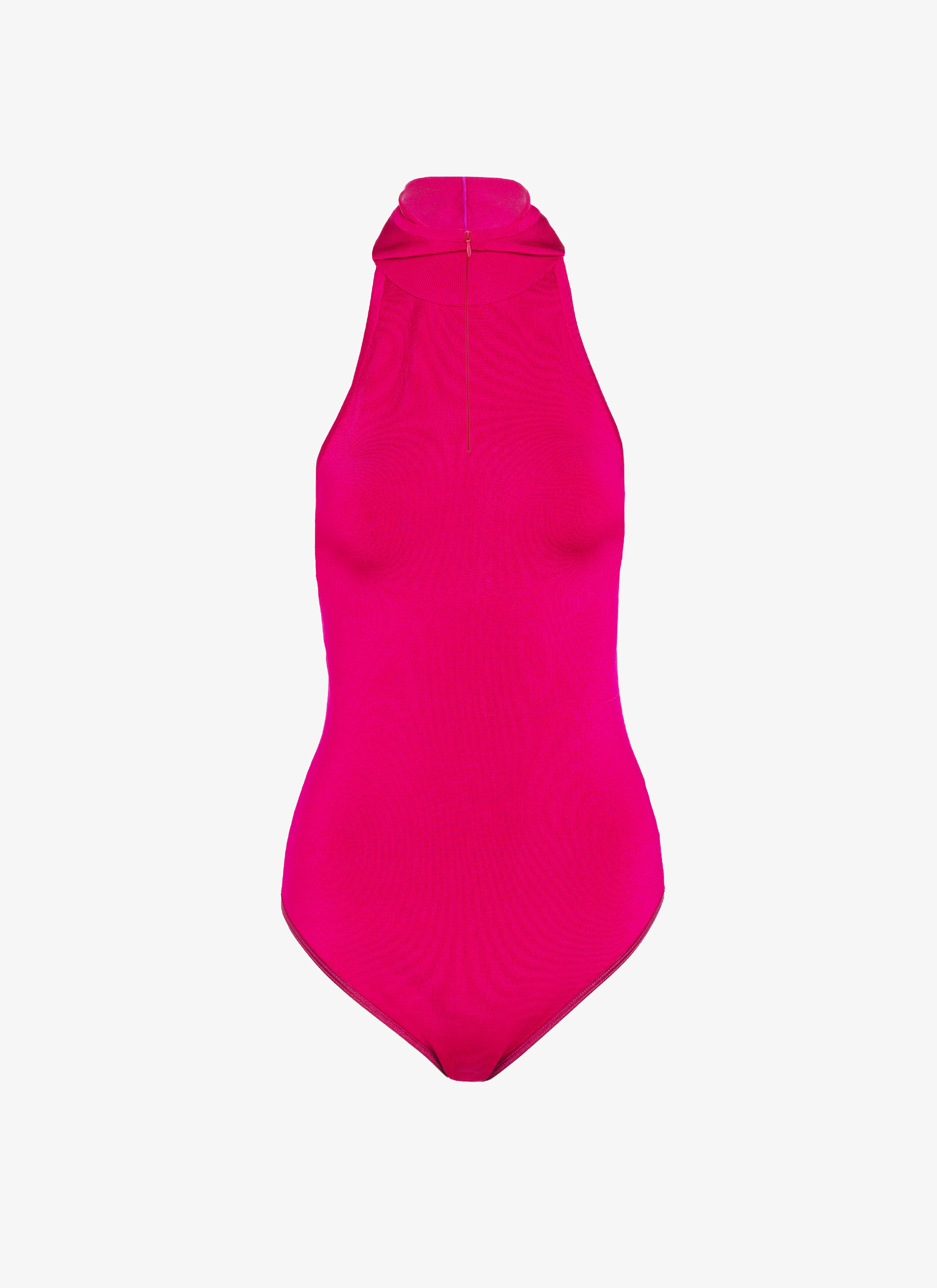 ALAÏA FUCHSIA HOODED BODYSUIT HIGH SHINE KNIT