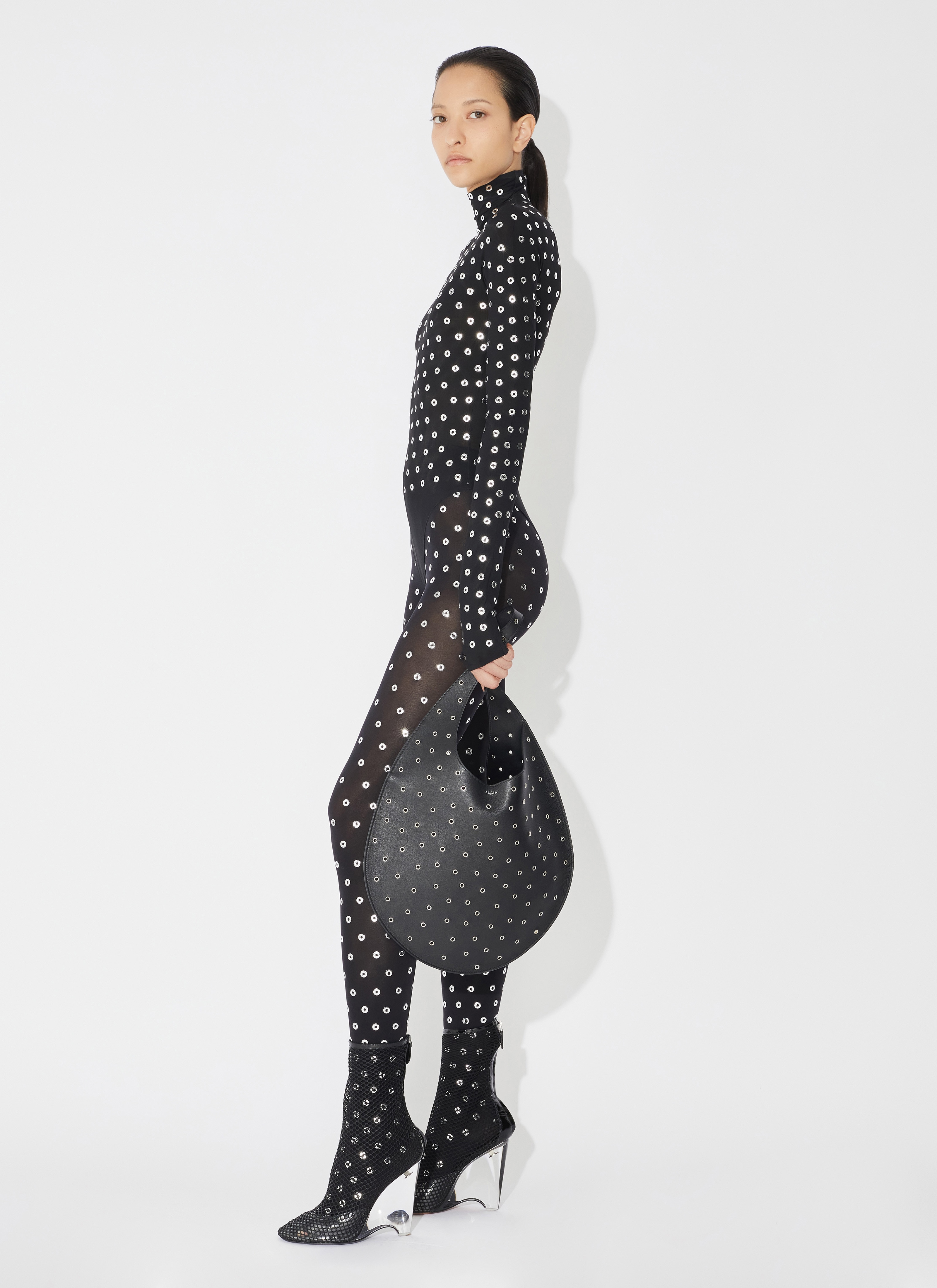 ALAÏA BLACK EYELET JERSEY BODY