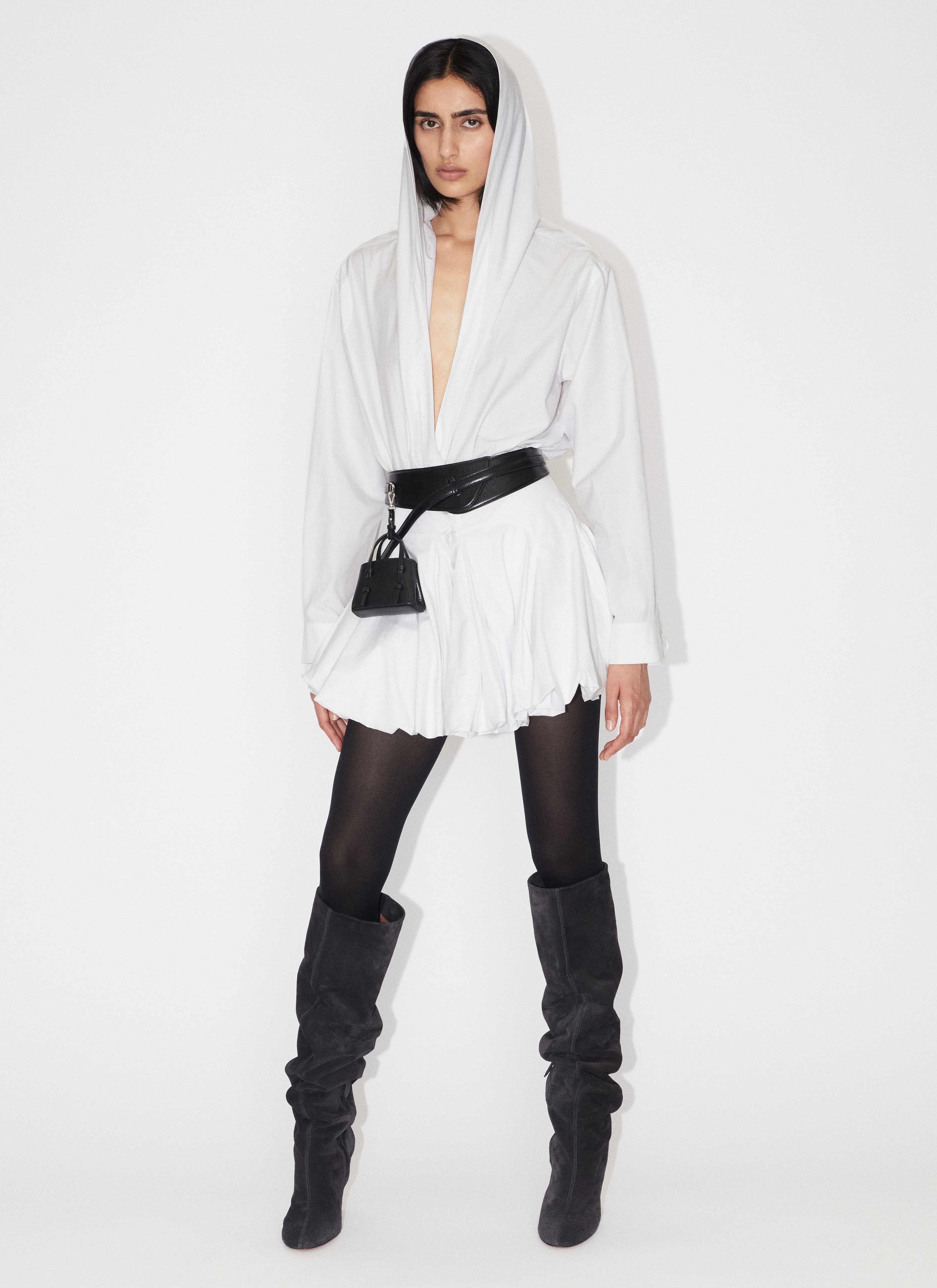 ALAÏA WHITE HOODED BODY SHIRT IN COTTON POPLIN