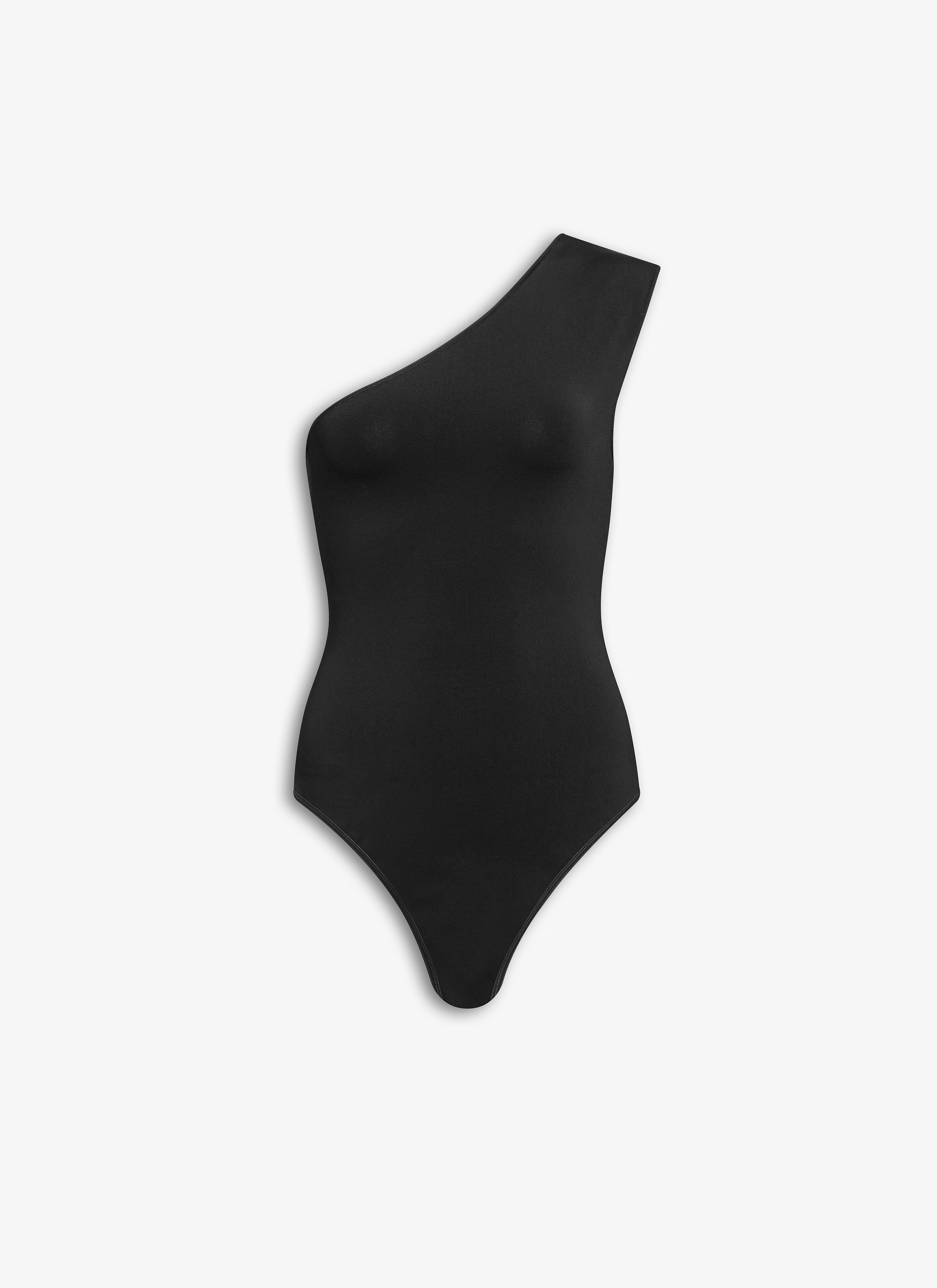 ALAÏA SCHWARZ ONE-SHOULDER-BODY AUS STRETCH-STRICK 