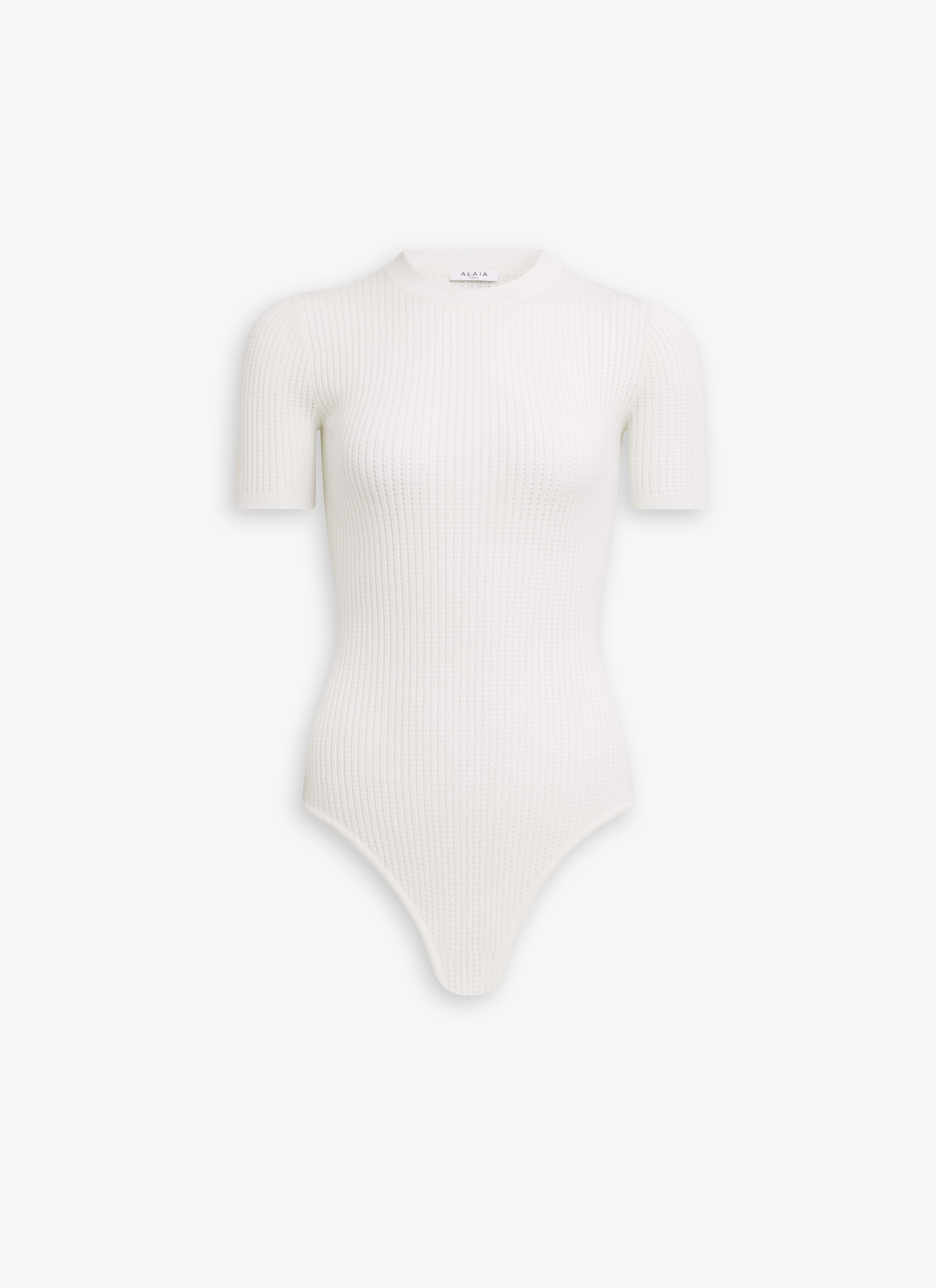 ALAÏA NATURAL WHITE KURZARM-BODY AUS TRANSPARENTEM WOLLSTRICK