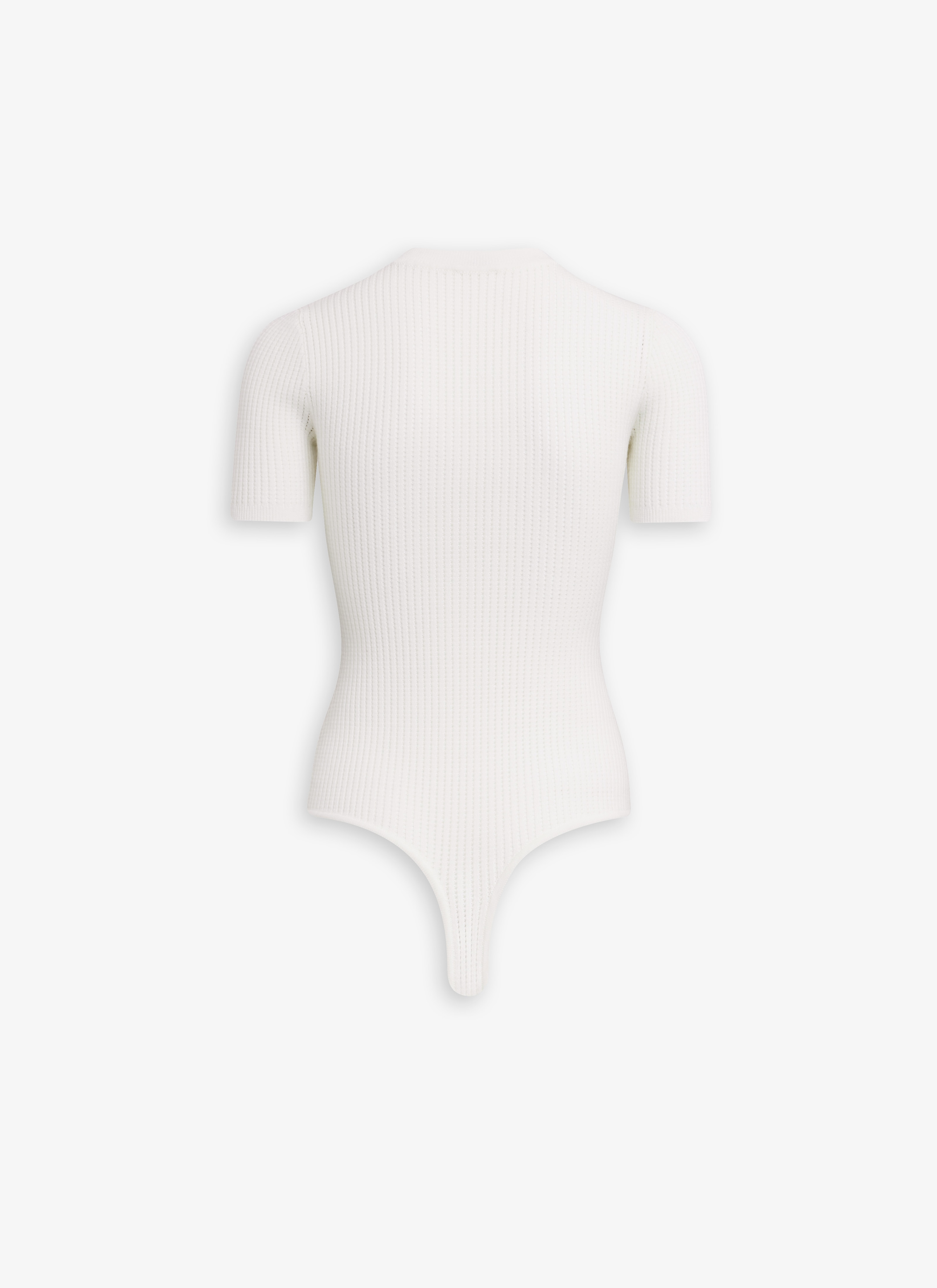 ALAÏA NATURAL WHITE KURZARM-BODY AUS TRANSPARENTEM WOLLSTRICK