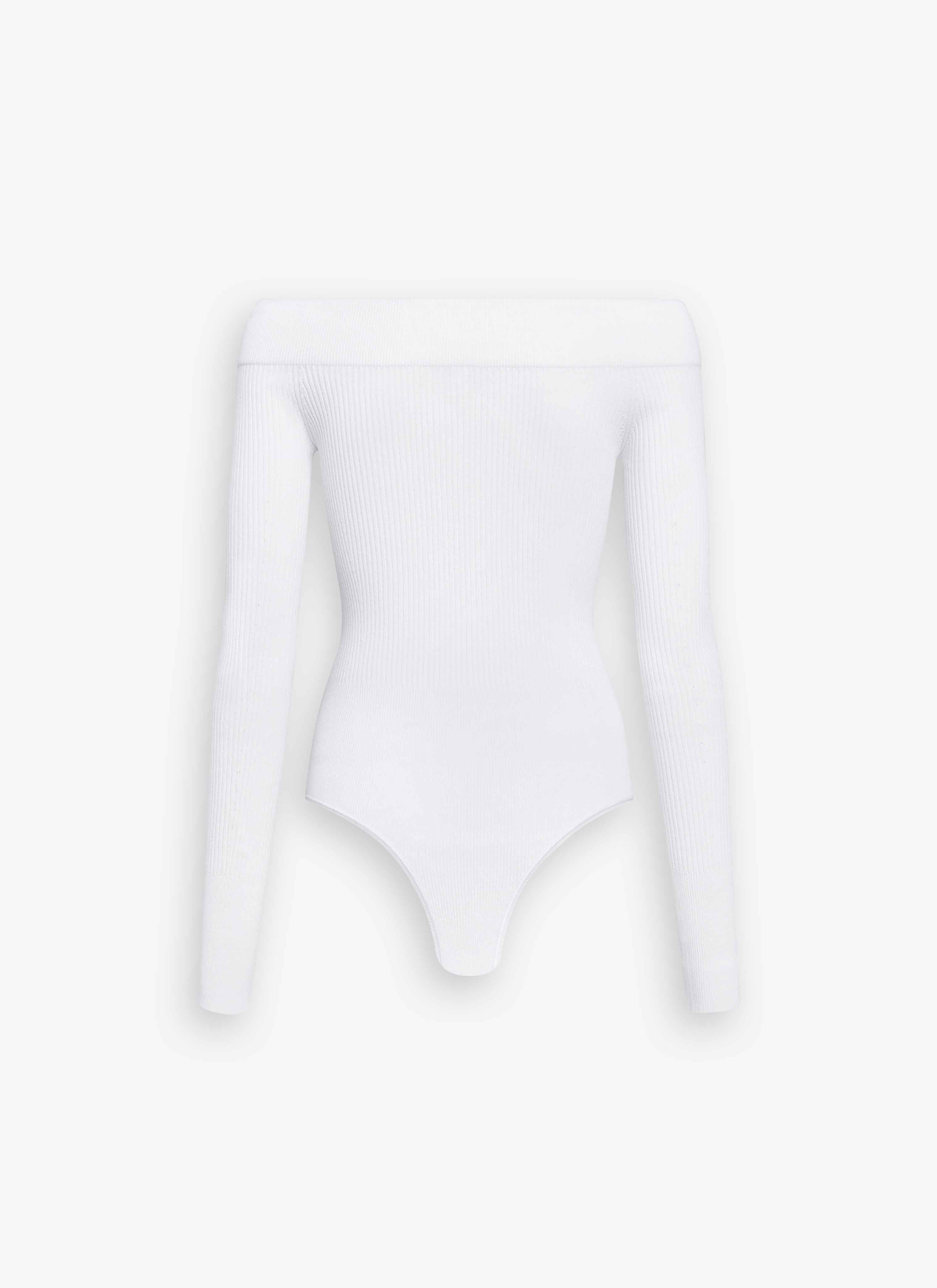 ALAÏA WHITE SCULPTING RIB KNIT OFF-SHOULDER BODYSUIT