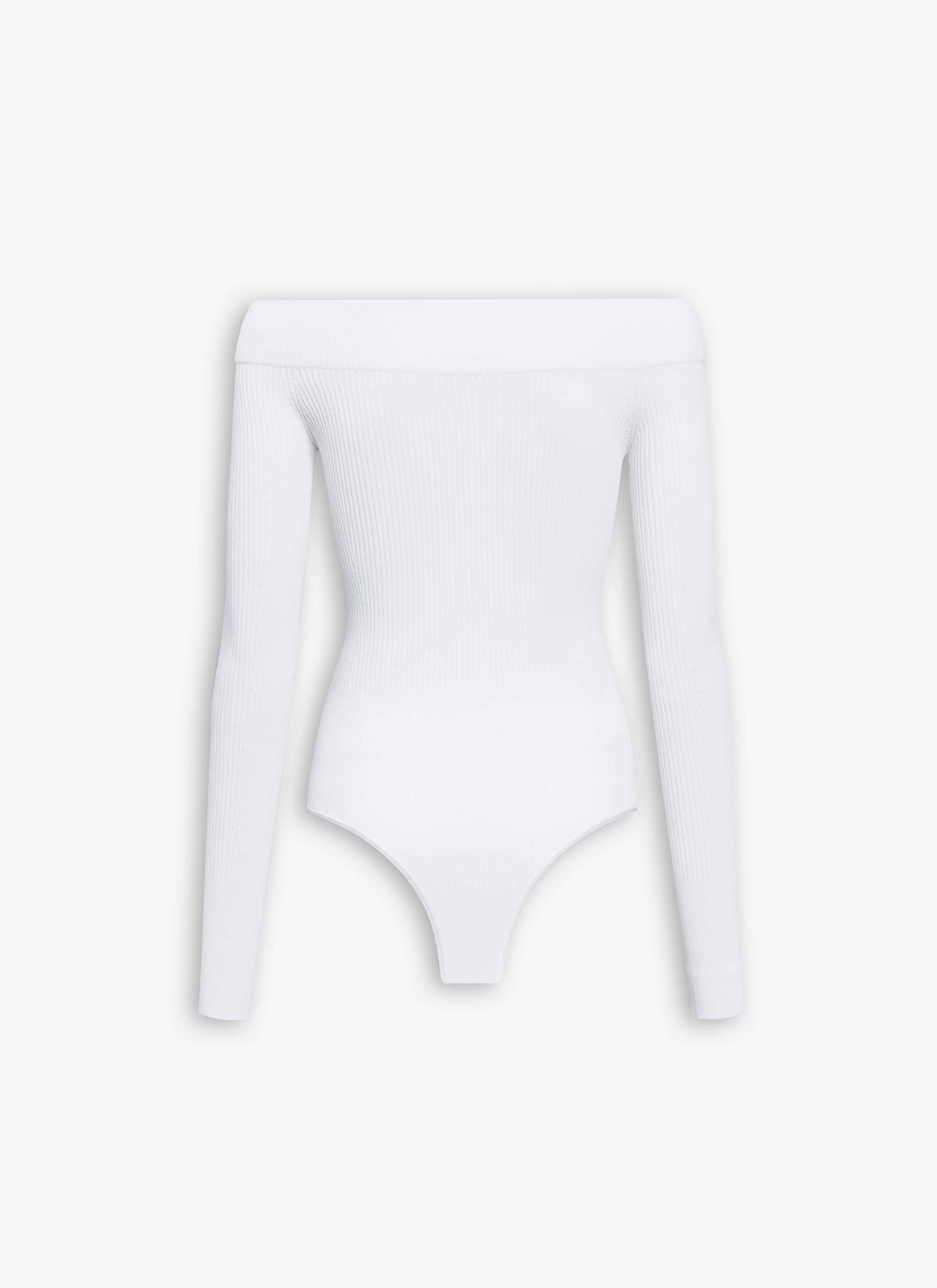 ALAÏA WHITE SCULPTING RIB KNIT OFF-SHOULDER BODYSUIT