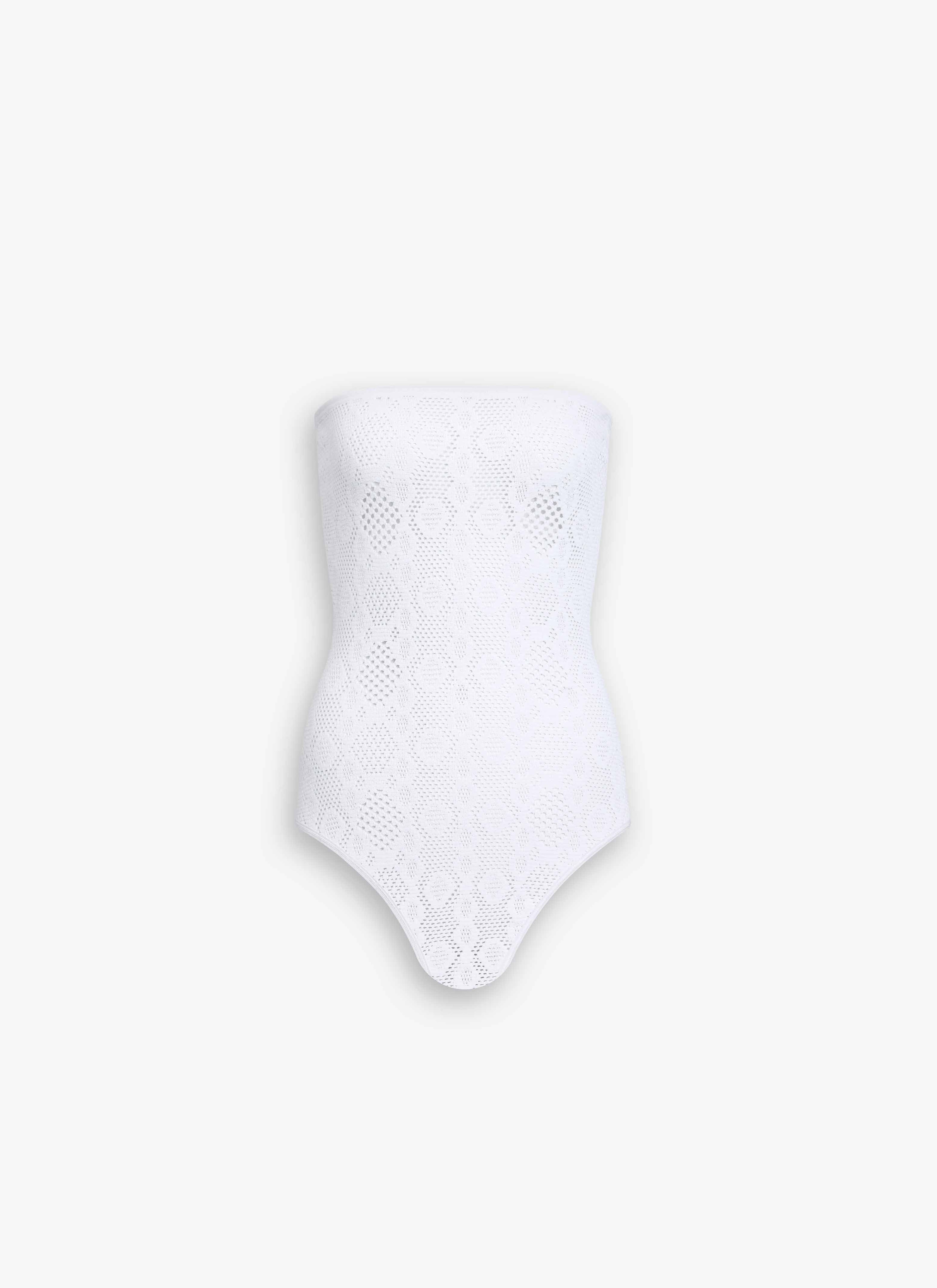 ALAÏA WHITE PYTHON LACE KNIT BUSTIER BODYSUIT