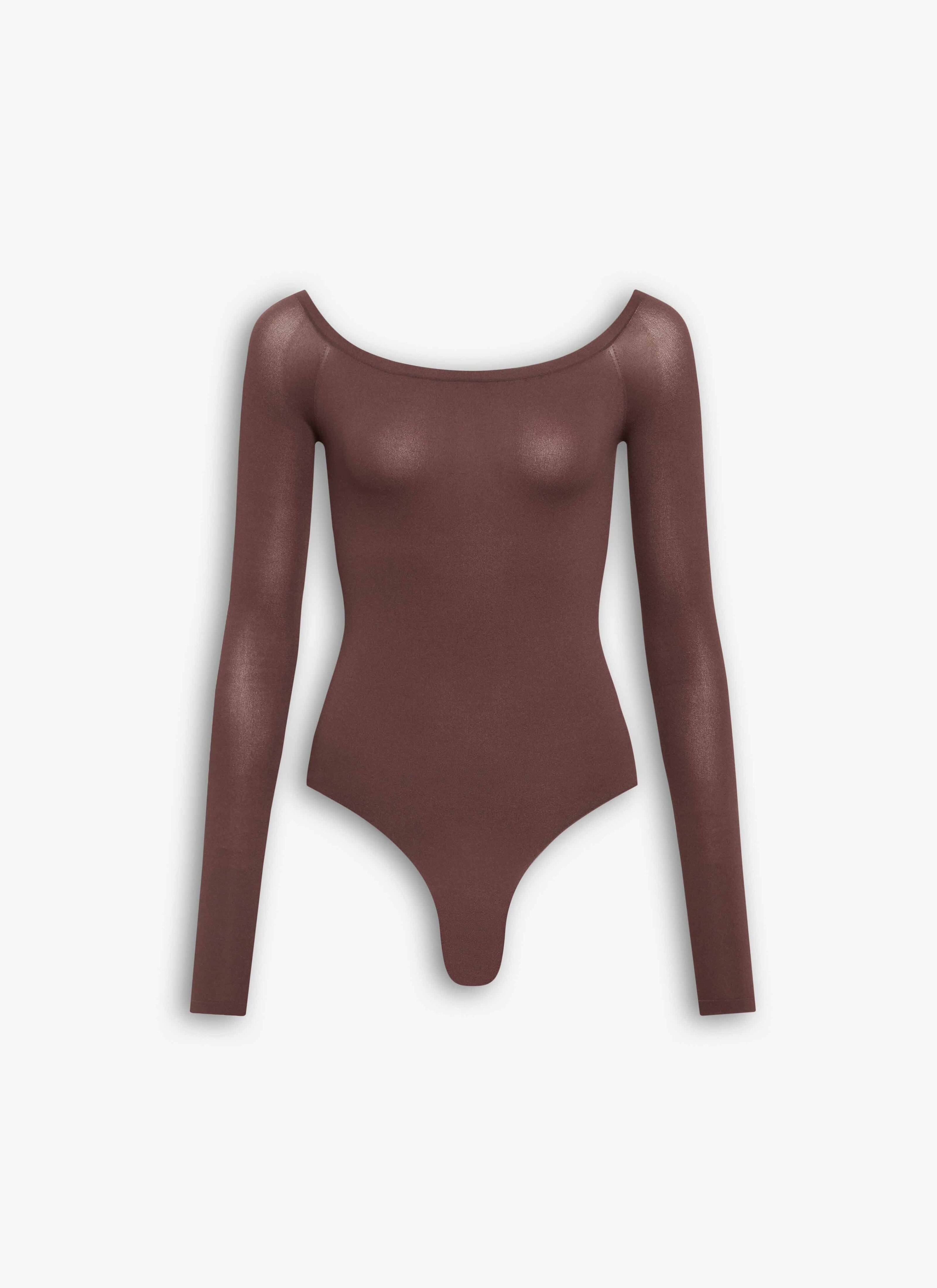 ALAÏA CHOCOLATE SECOND-SKIN KNIT OFF-SHOULDER BODYSUIT