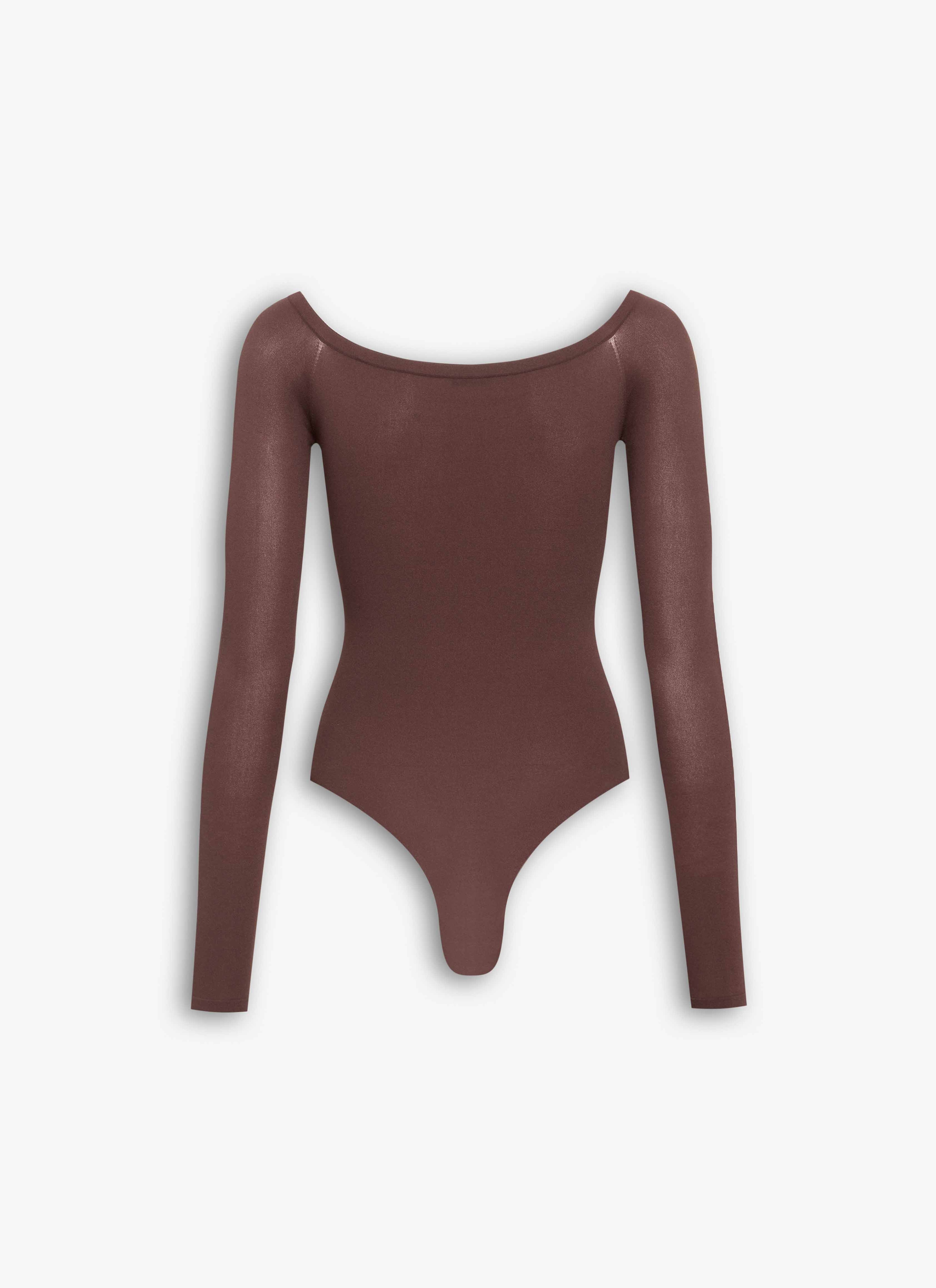 ALAÏA CHOCOLATE SECOND-SKIN KNIT OFF-SHOULDER BODYSUIT