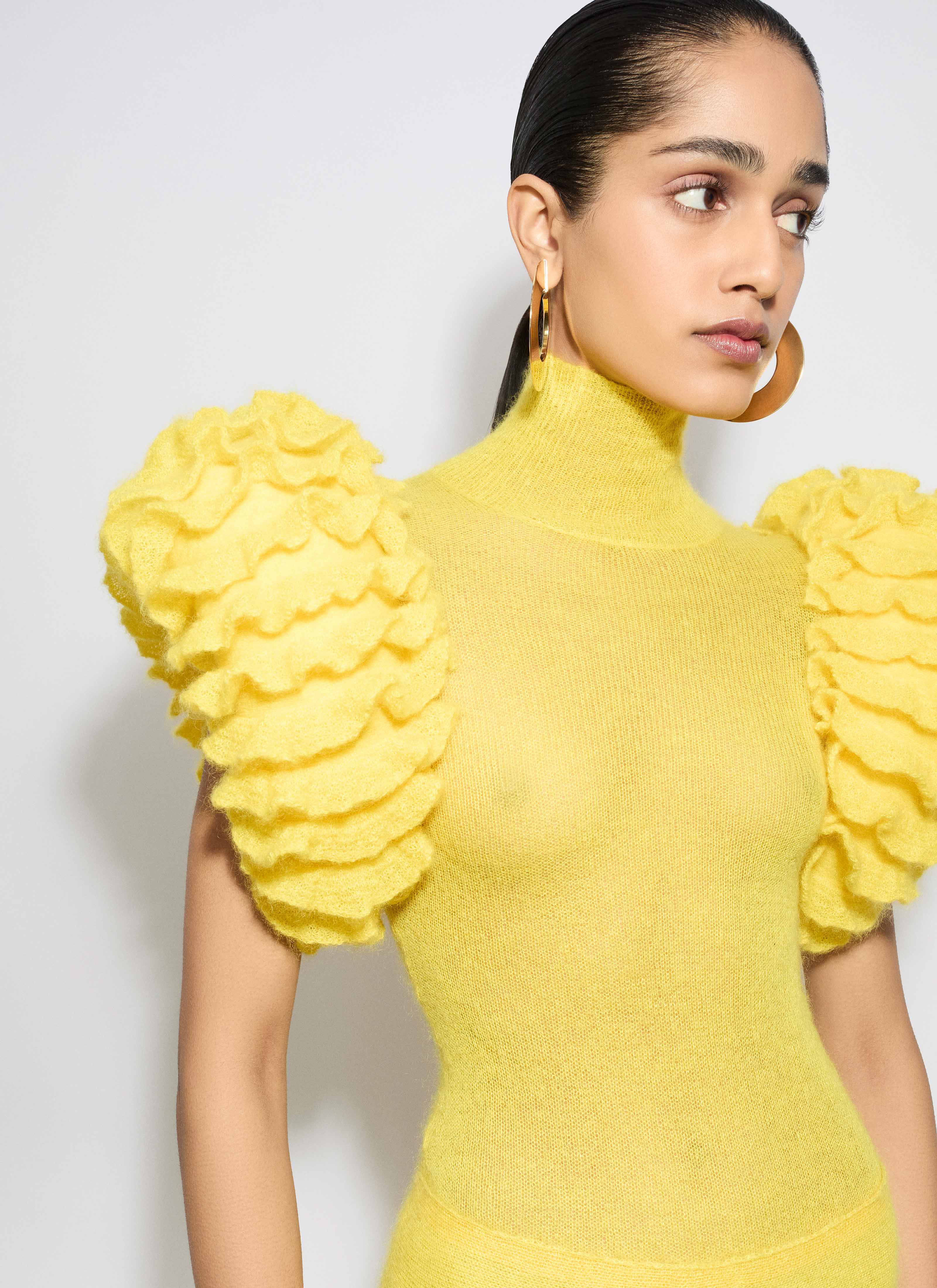 ALAÏA YELLOW MOHAIR KNIT SCULPTURAL RUFFLE BODYSUIT