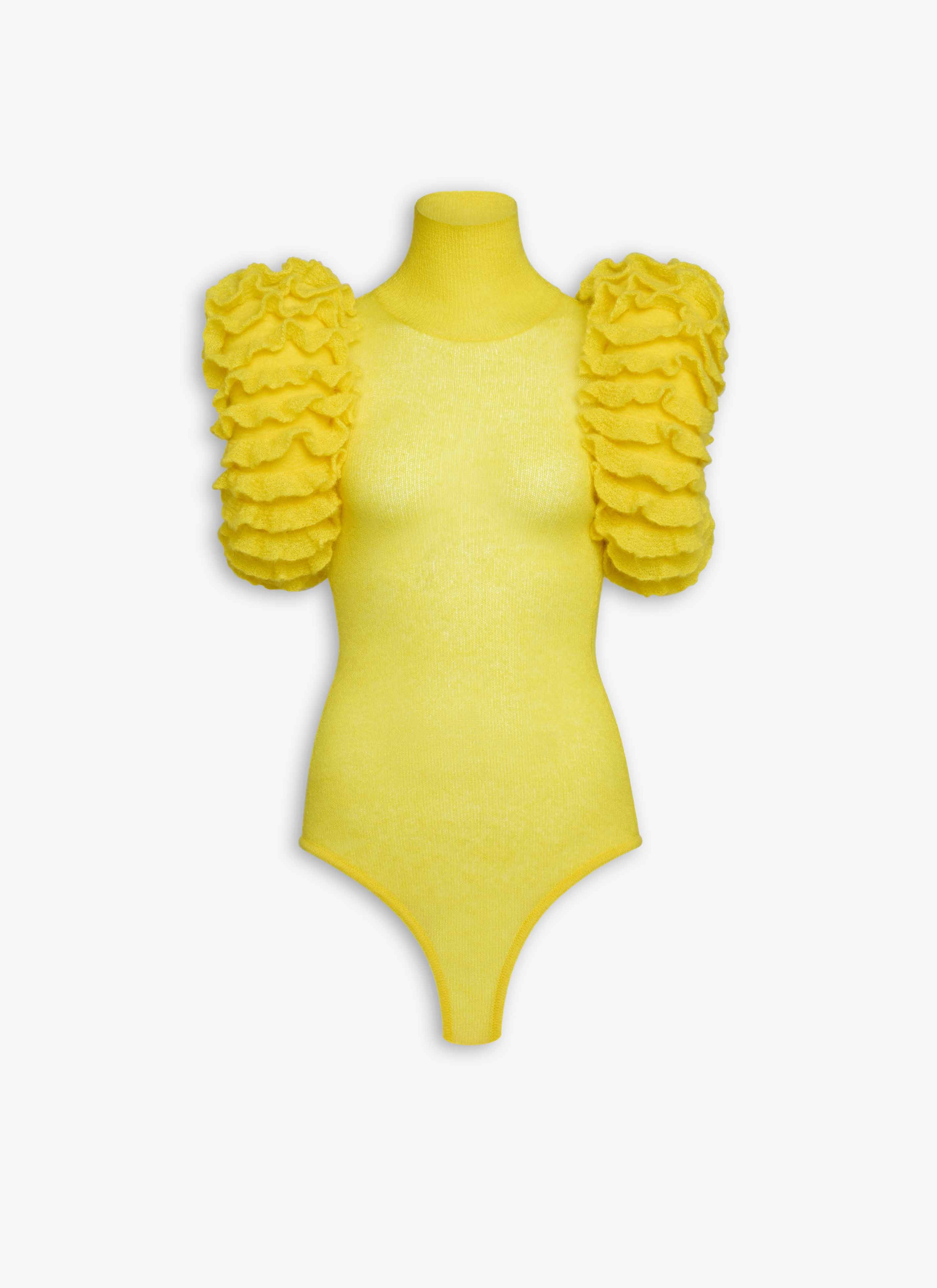 ALAÏA YELLOW MOHAIR KNIT SCULPTURAL RUFFLE BODYSUIT