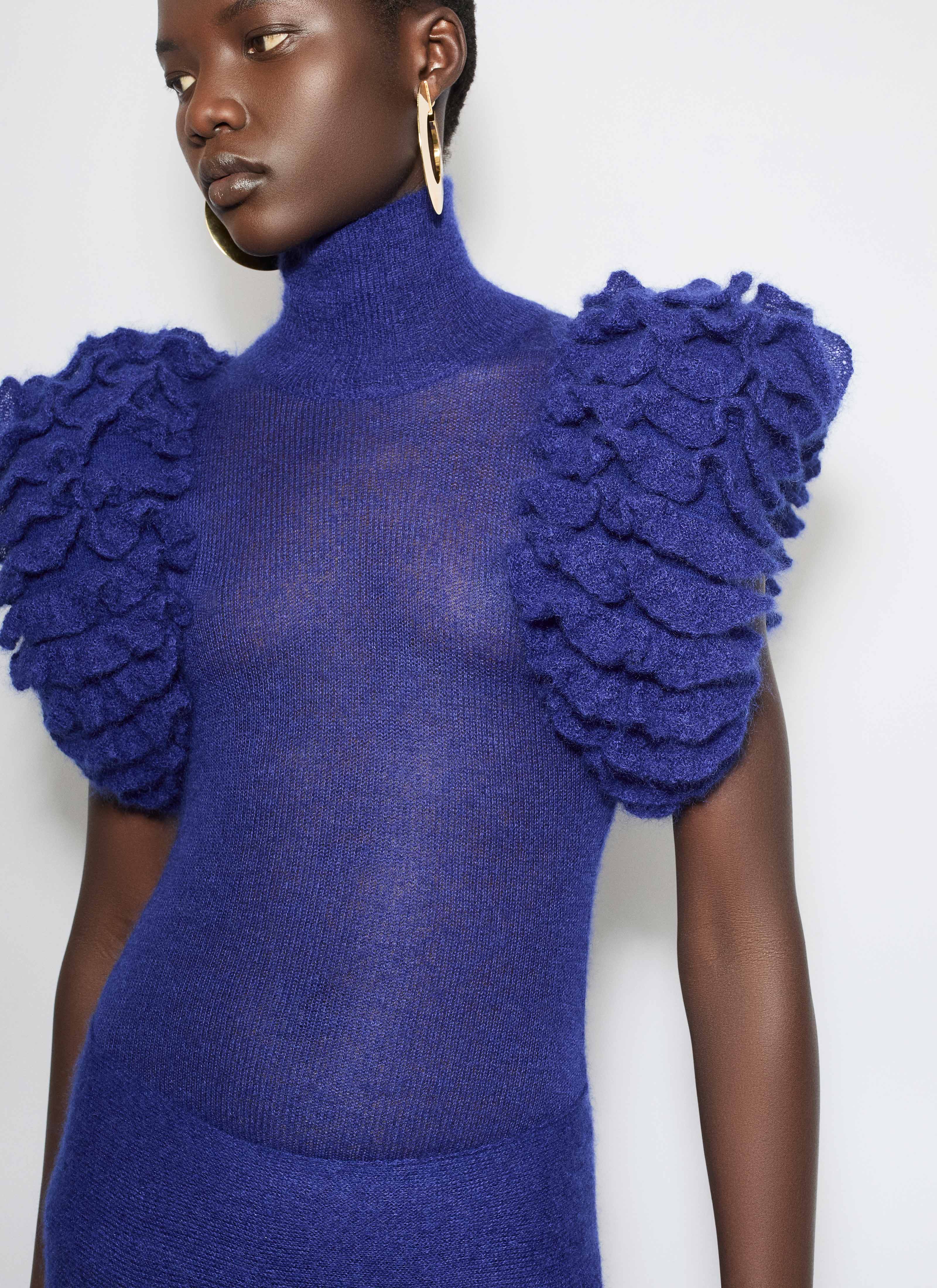 ALAÏA INDIGO MOHAIR KNIT SCULPTURAL RUFFLE BODYSUIT