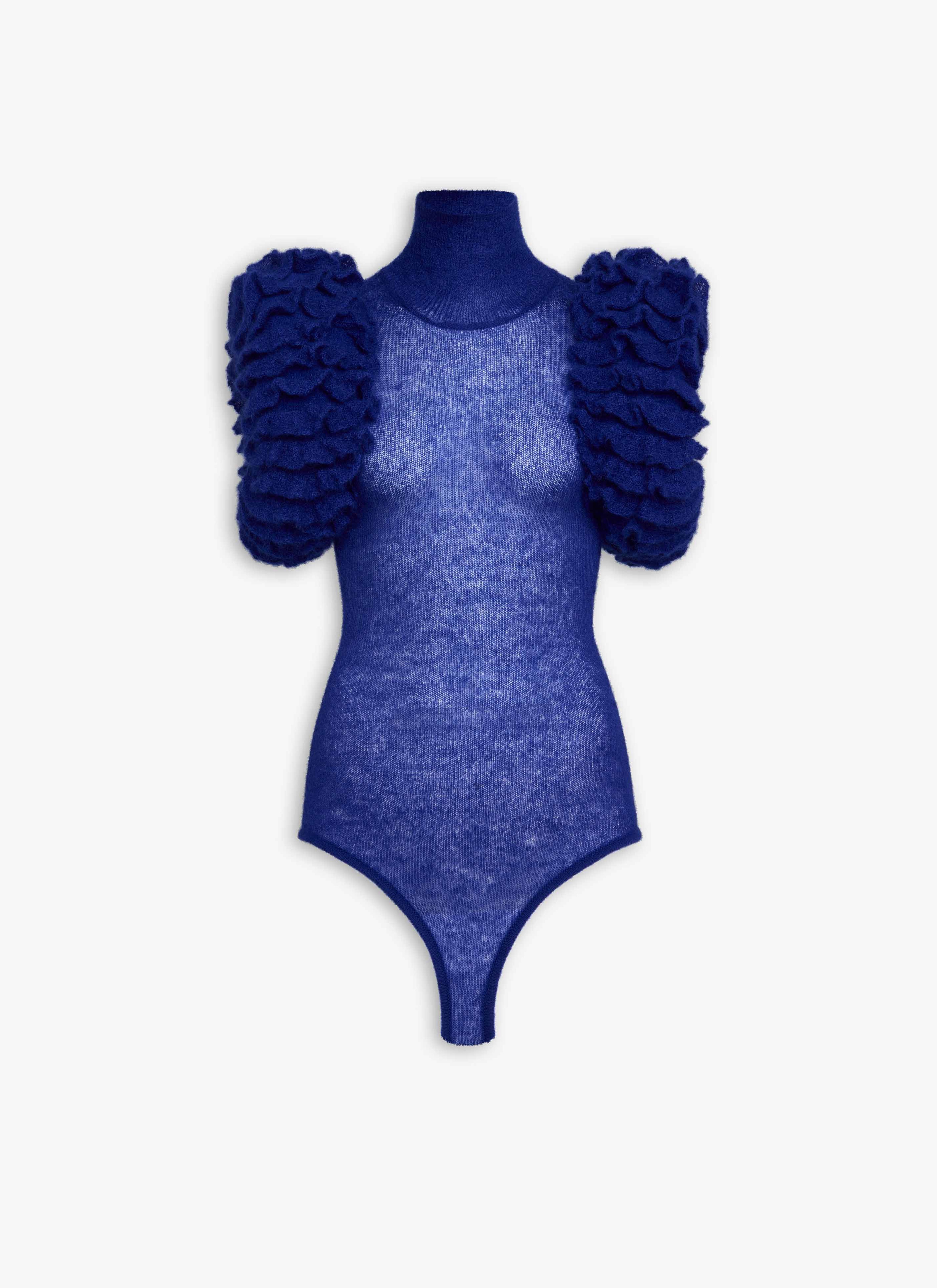 ALAÏA INDIGO MOHAIR KNIT SCULPTURAL RUFFLE BODYSUIT