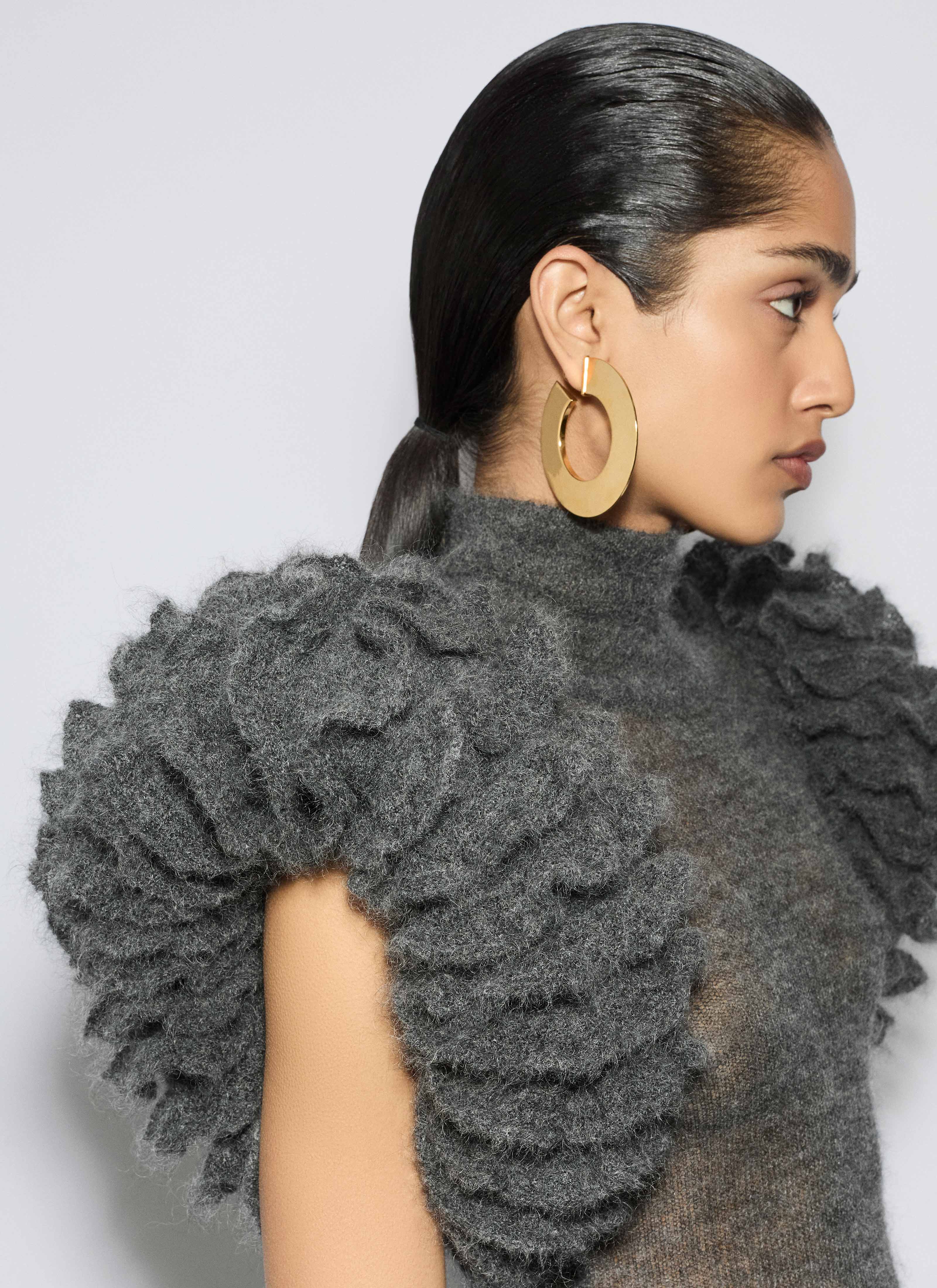 ALAÏA GREY MOHAIR KNIT SCULPTURAL RUFFLE BODYSUIT