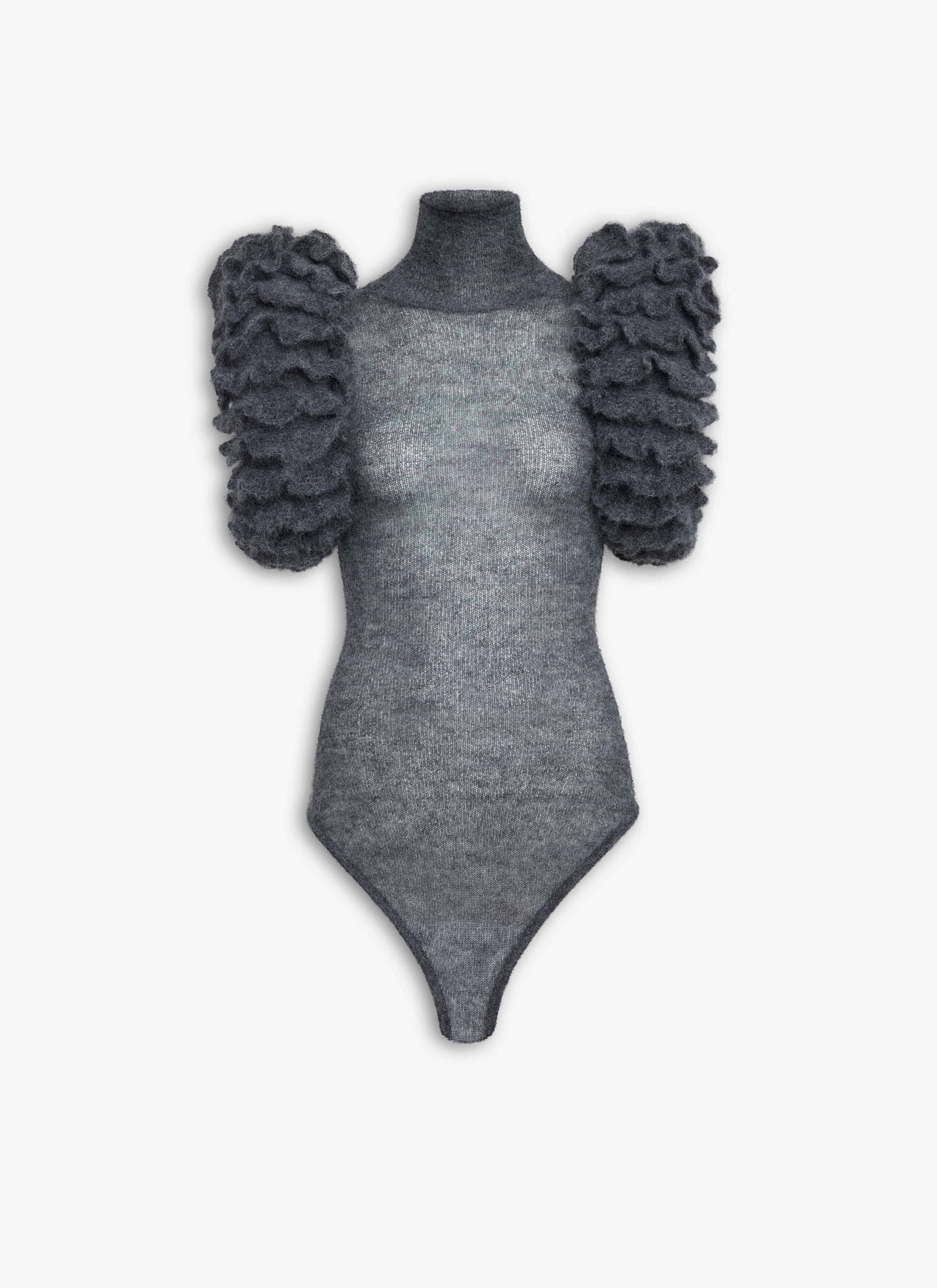ALAÏA GREY MOHAIR KNIT SCULPTURAL RUFFLE BODYSUIT