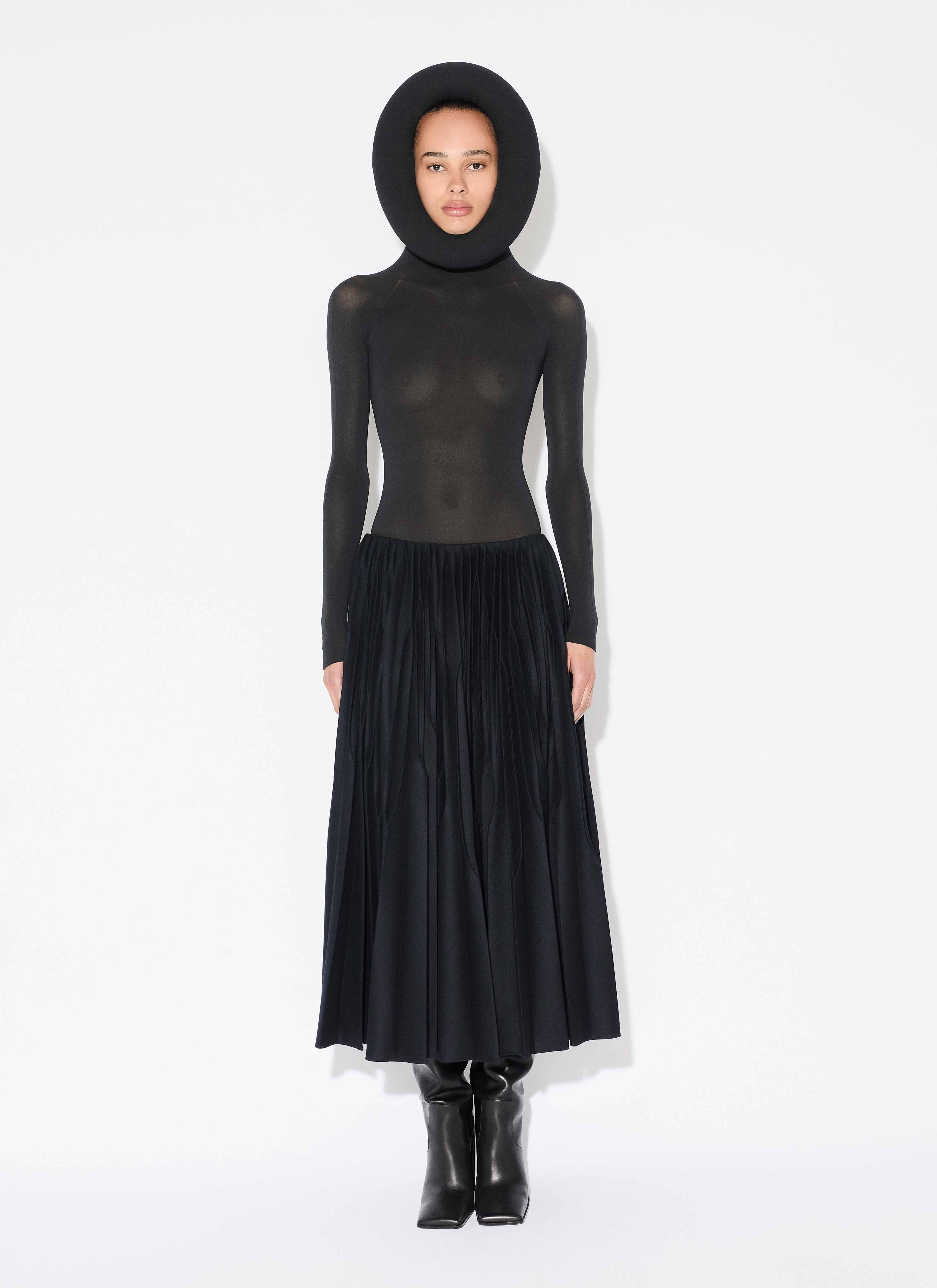 ALAÏA BLACK SCULPTURAL HOOD BODYSUIT IN SECOND-SKIN KNIT
