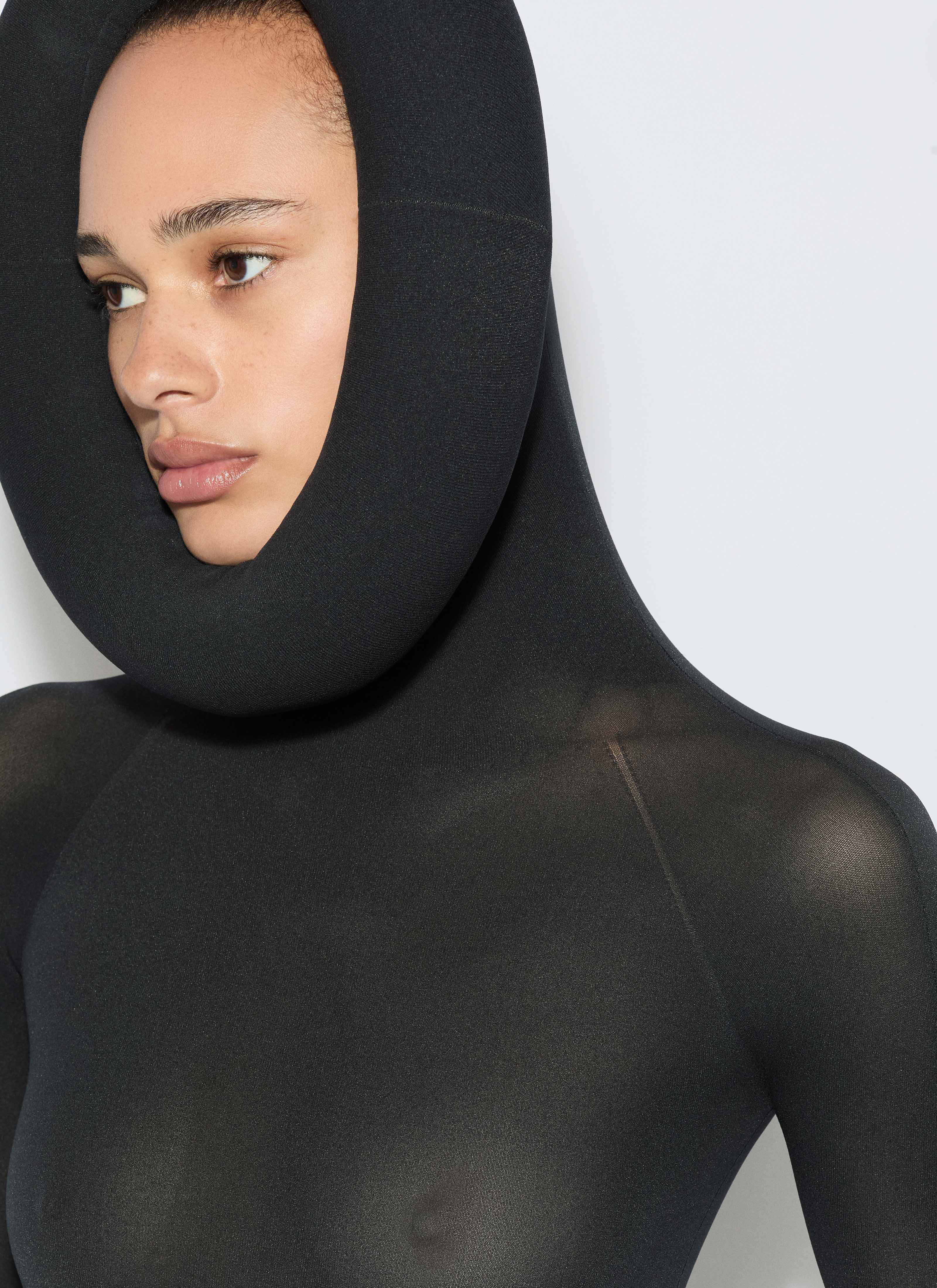 ALAÏA BLACK SCULPTURAL HOOD BODYSUIT IN SECOND-SKIN KNIT