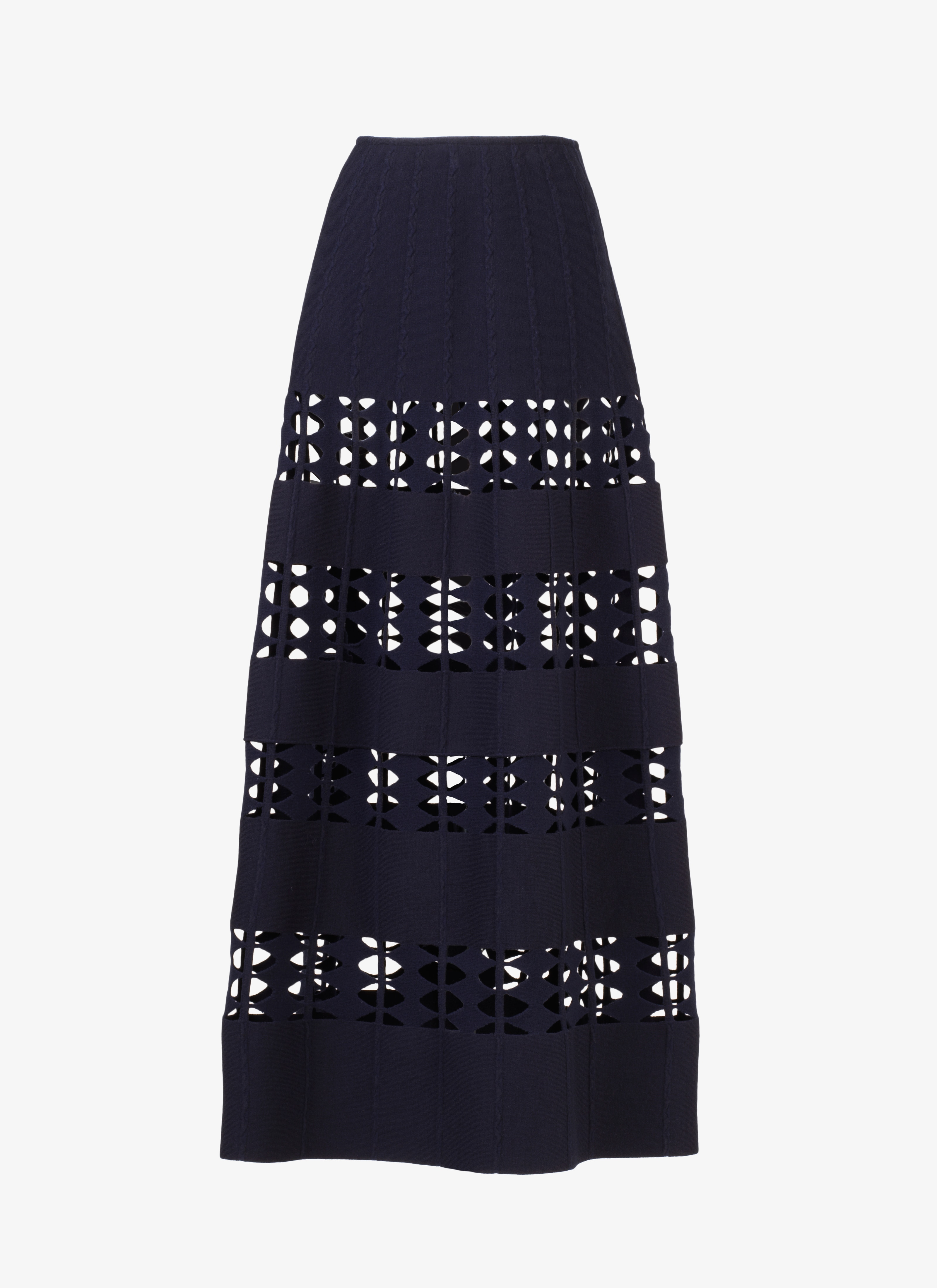 ALAÏA NIGHT BLUE LONG FLARED KNITTED SKIRT
