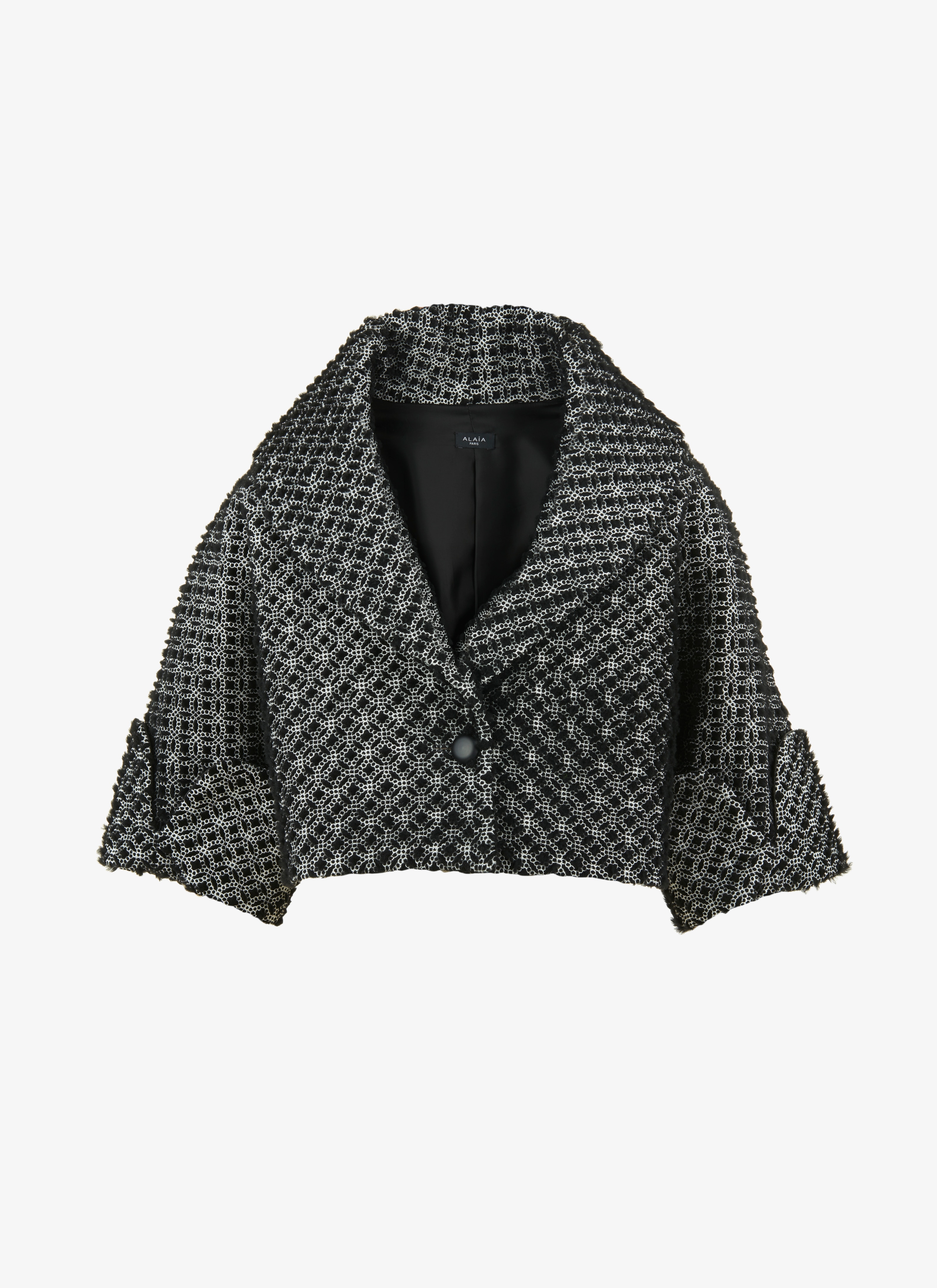 ALAÏA BLACK/WHITE EMBROIDERED SHEARLING BOLERO