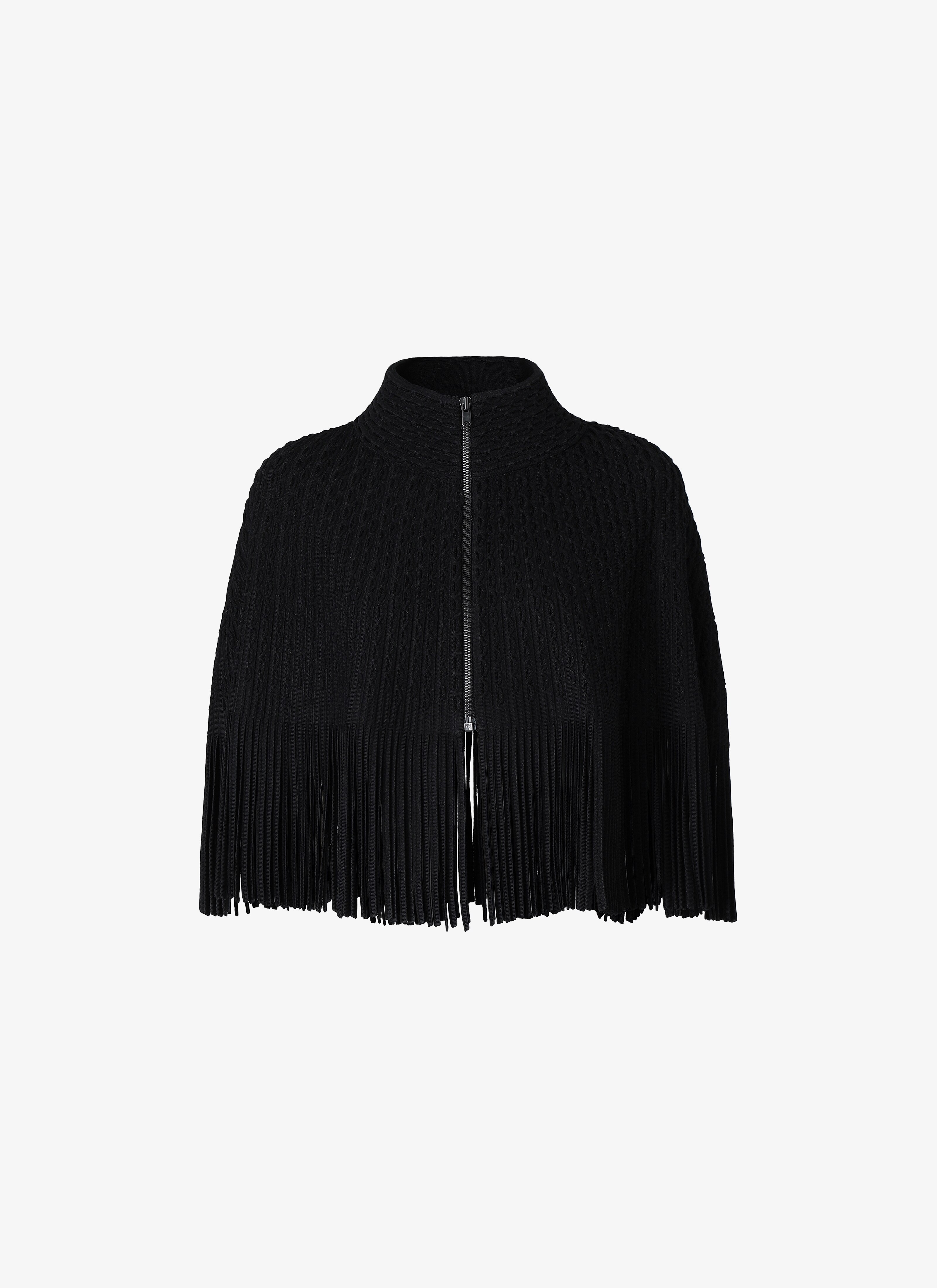 ALAÏA BLACK FRINGED KNITTED CAPE