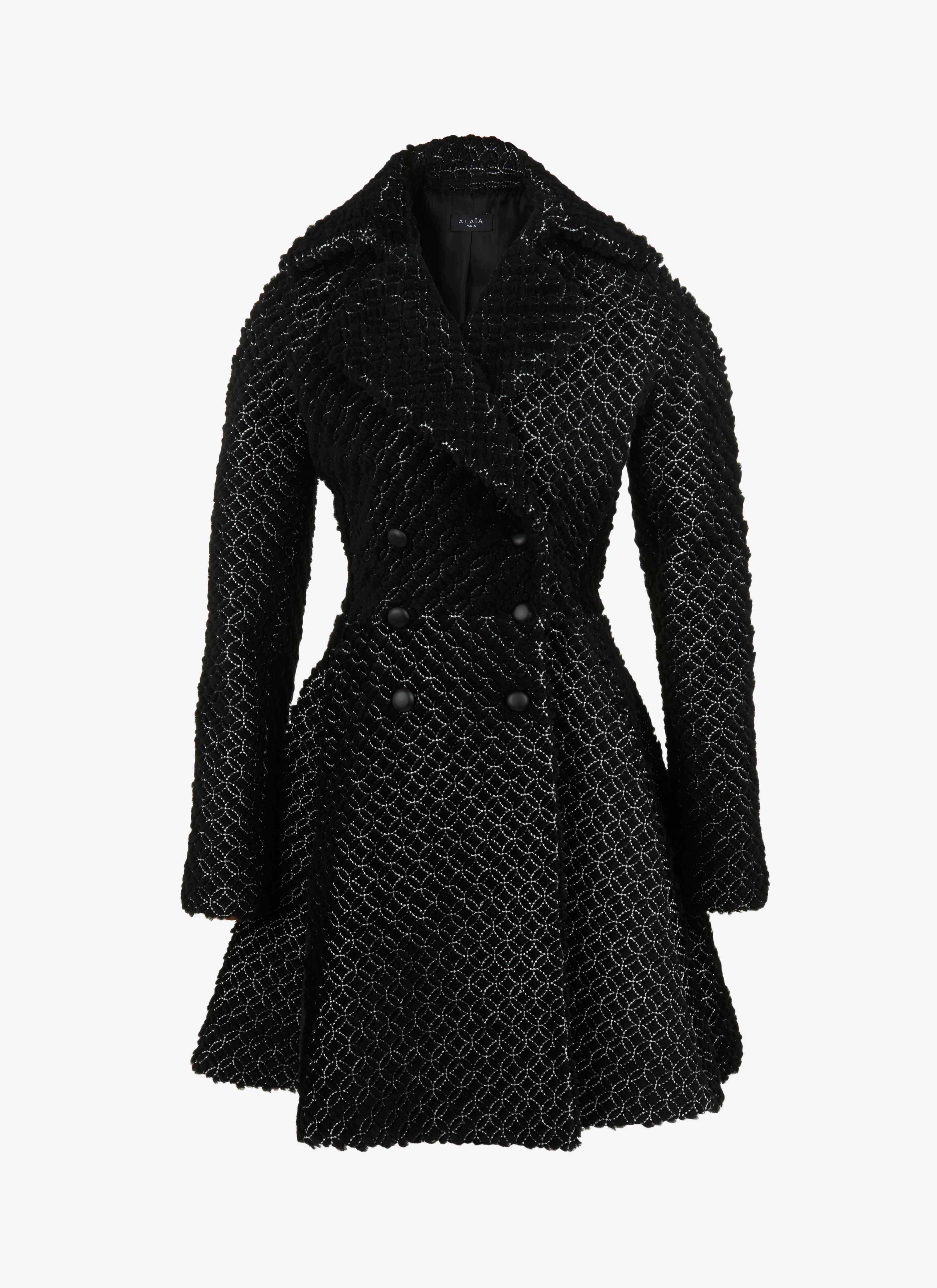 ALAÏA BLACK/WHITE EMBROIDERED SHEARLING COAT
