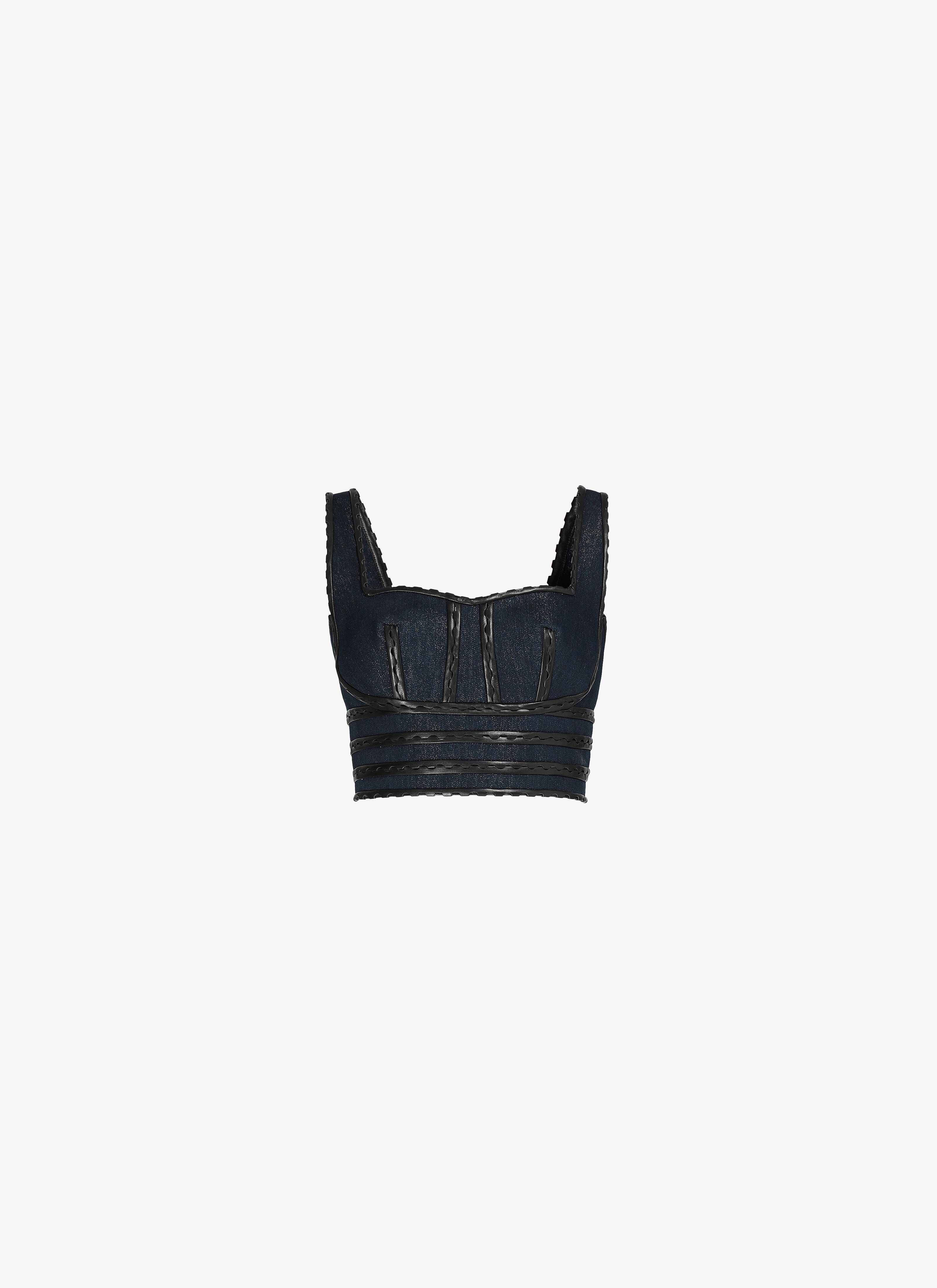 ALAÏA SILVER DENIM BUSTIER TOP