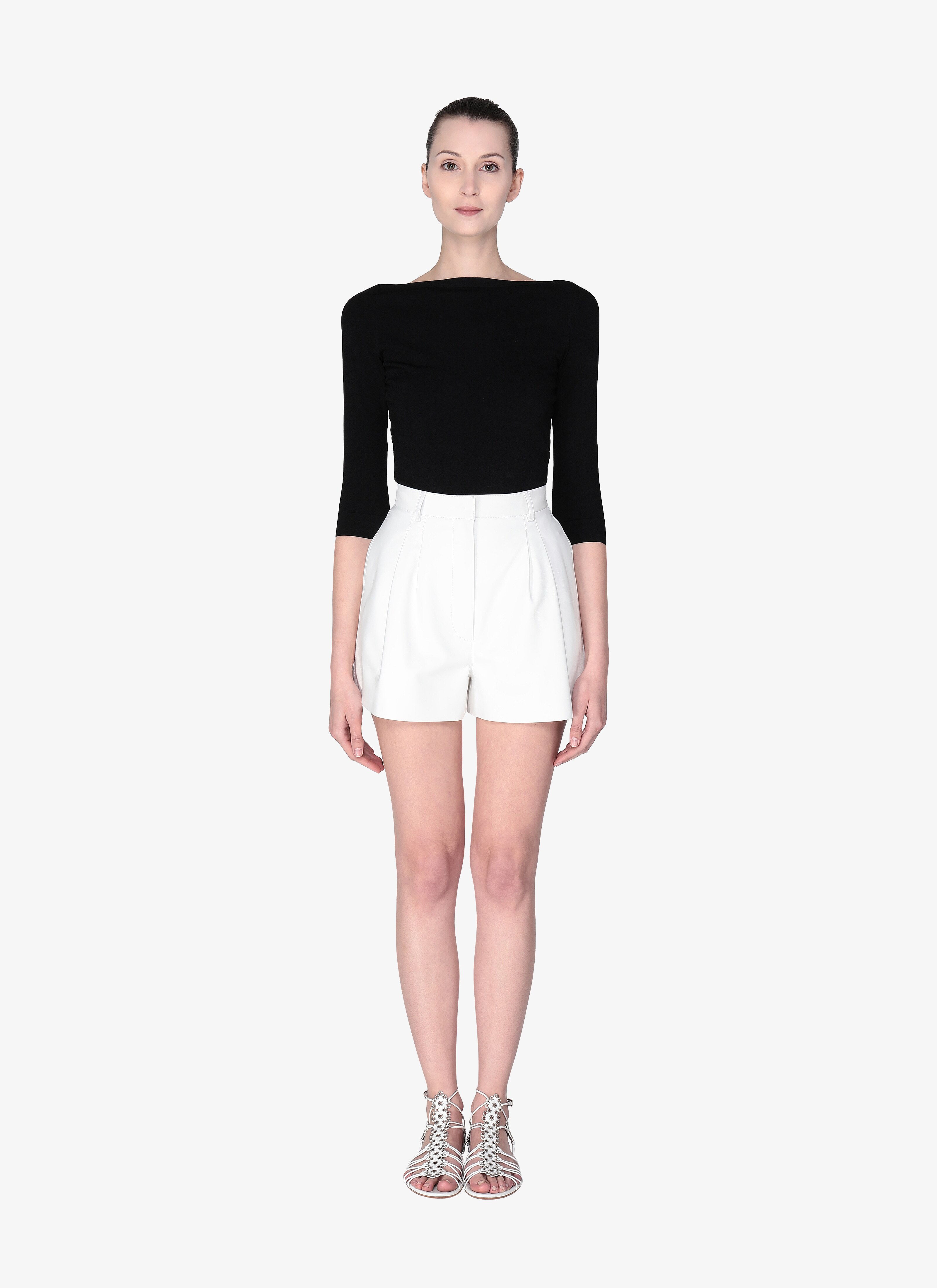 ALAÏA WHITE LEATHER STRUCTURED SHORT