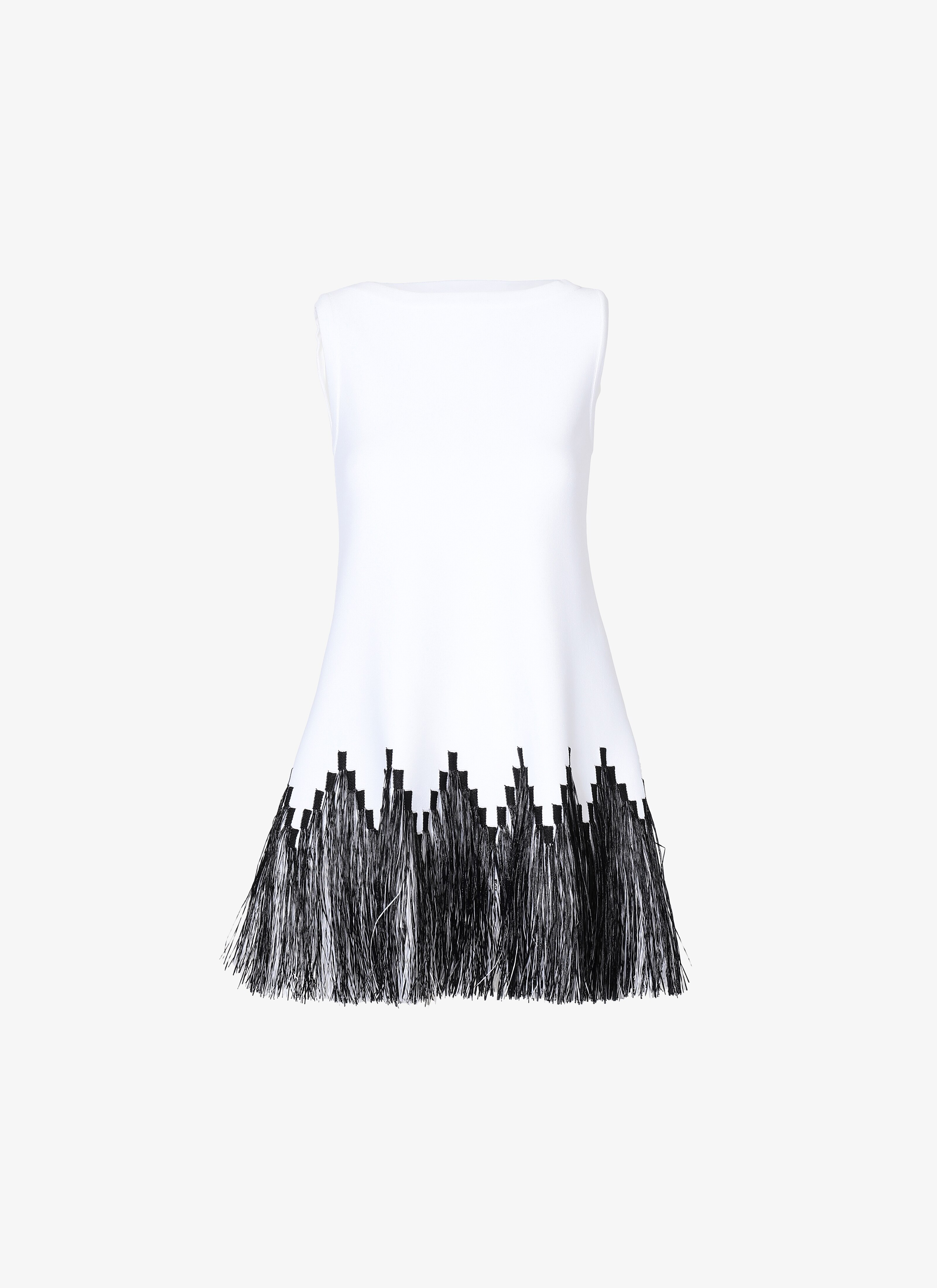 ALAÏA SLEEVELESS TUNIC RAPHIA FRANGE WHITE/BLACK BIANCO/NERO