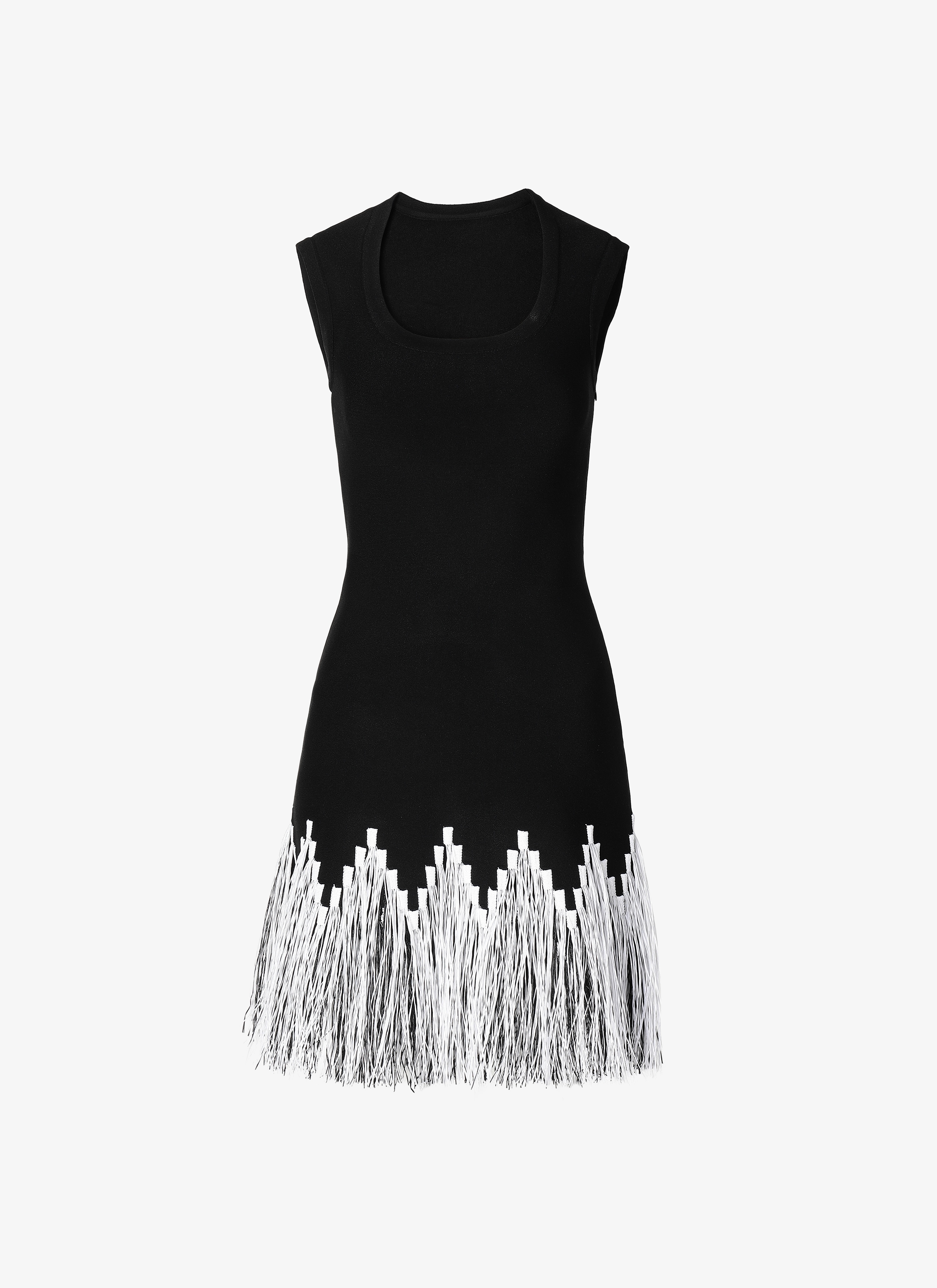 ALAÏA NOIR/BLANC ROBE SANS MANCHE RAPHIA FRANGE NOIR/BLANC