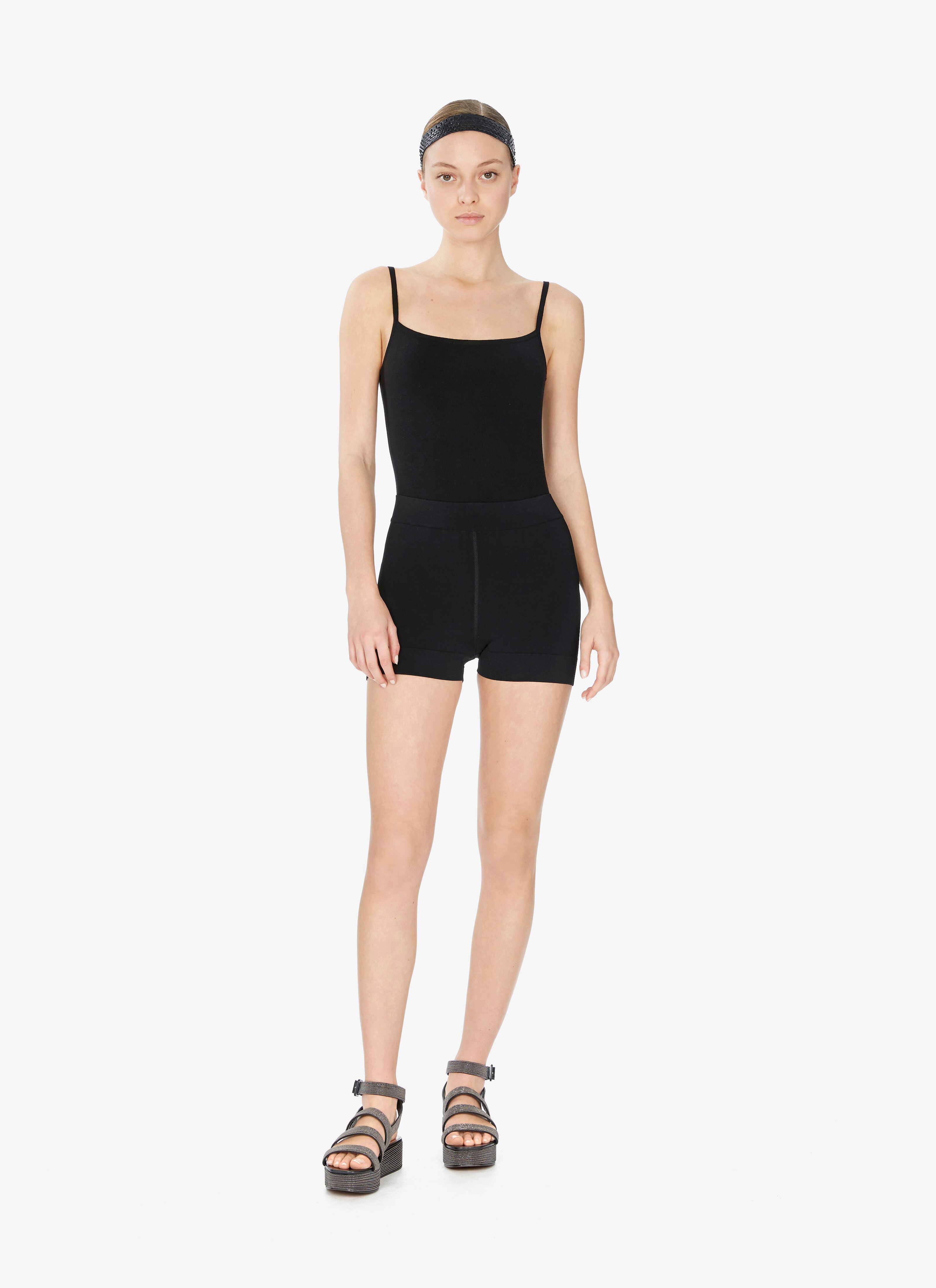 ALAÏA BLACK RIBBED STRETCH-KNIT SHORT 