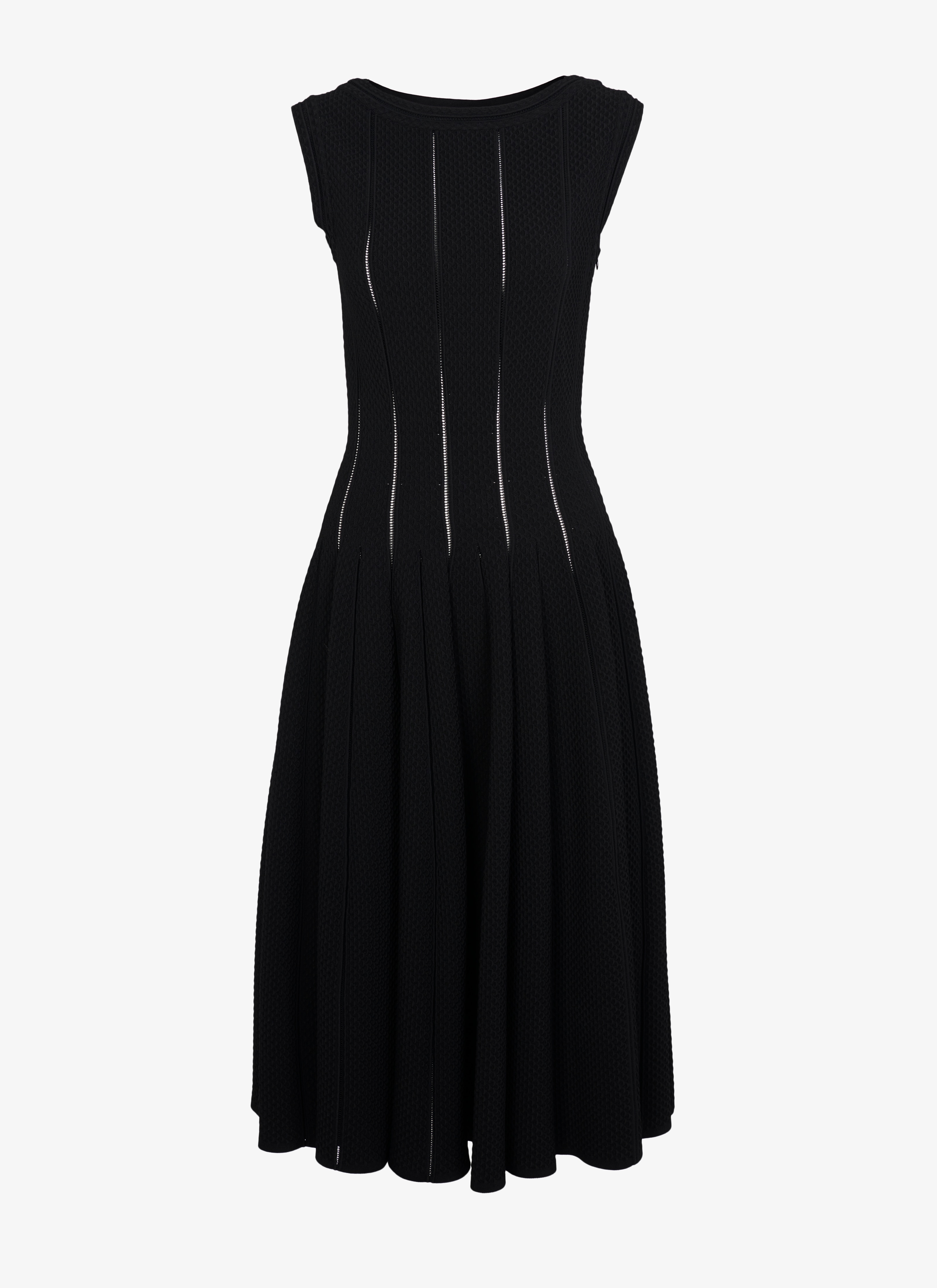 ALAÏA BLACK FLARED PIQUÉ MESH DRESS