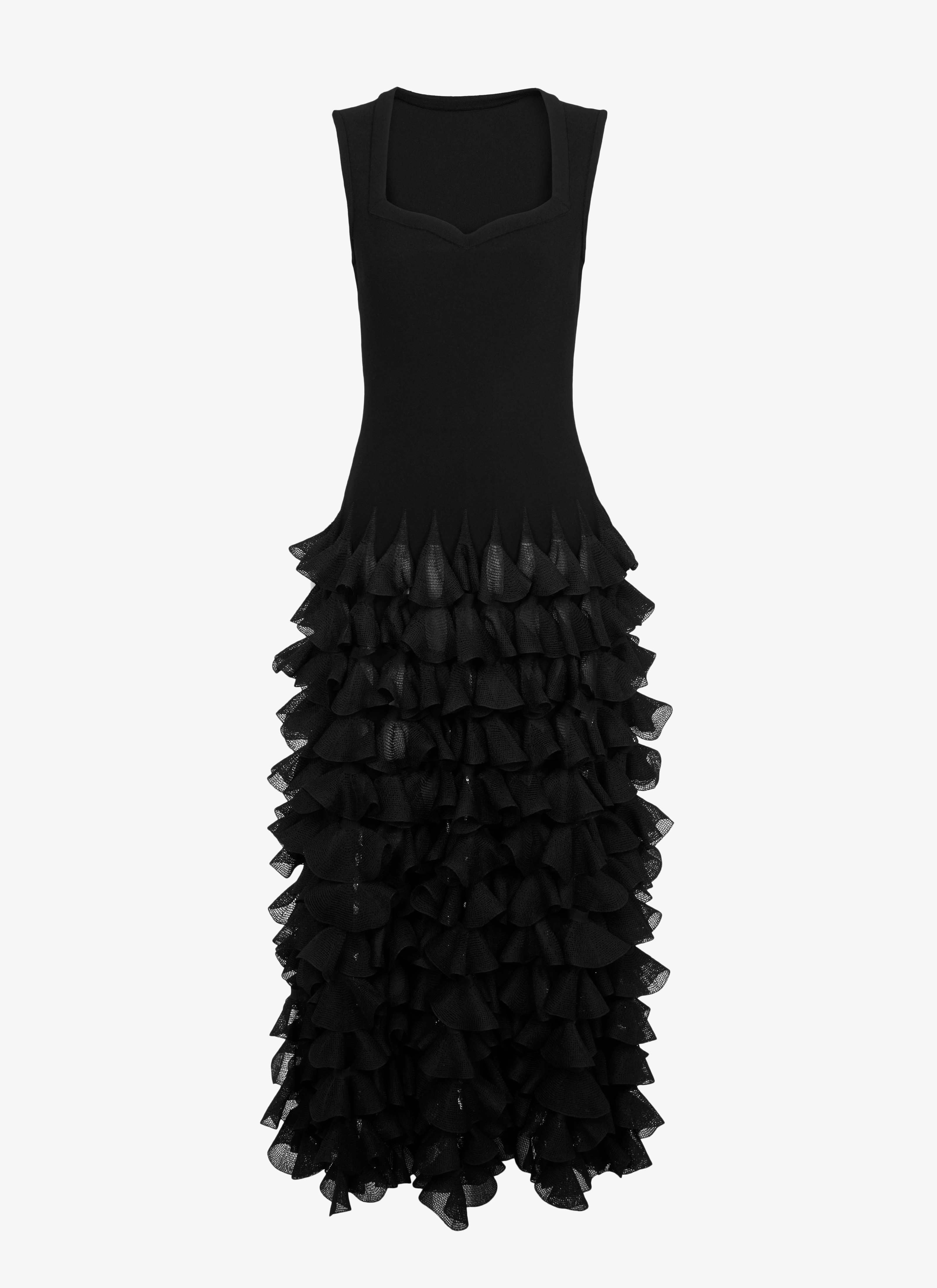 ALAÏA BLACK SILK-BLEND FRILLED DRESS