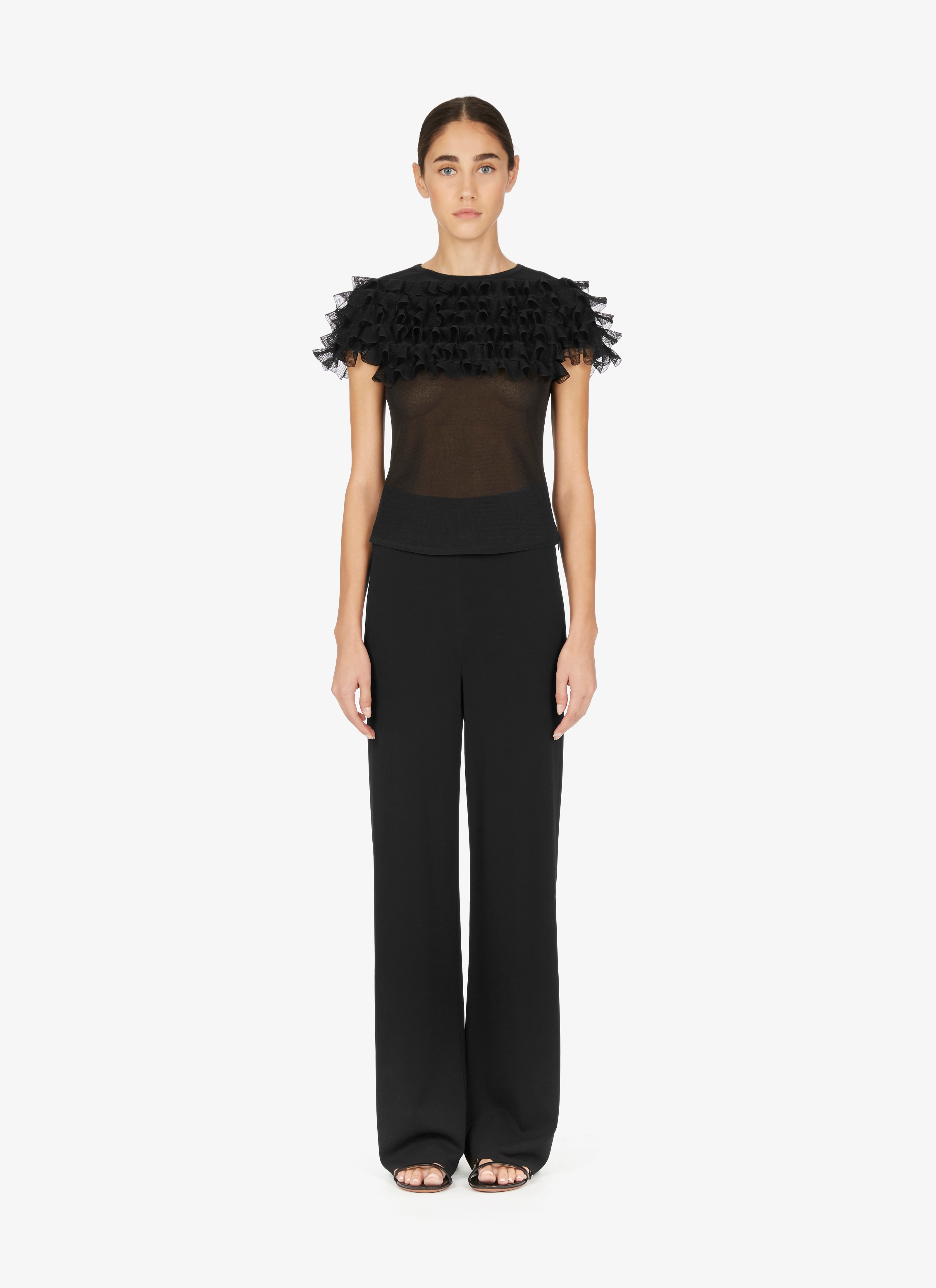 ALAÏA BLACK FRILLED SILK T-SHIRT
