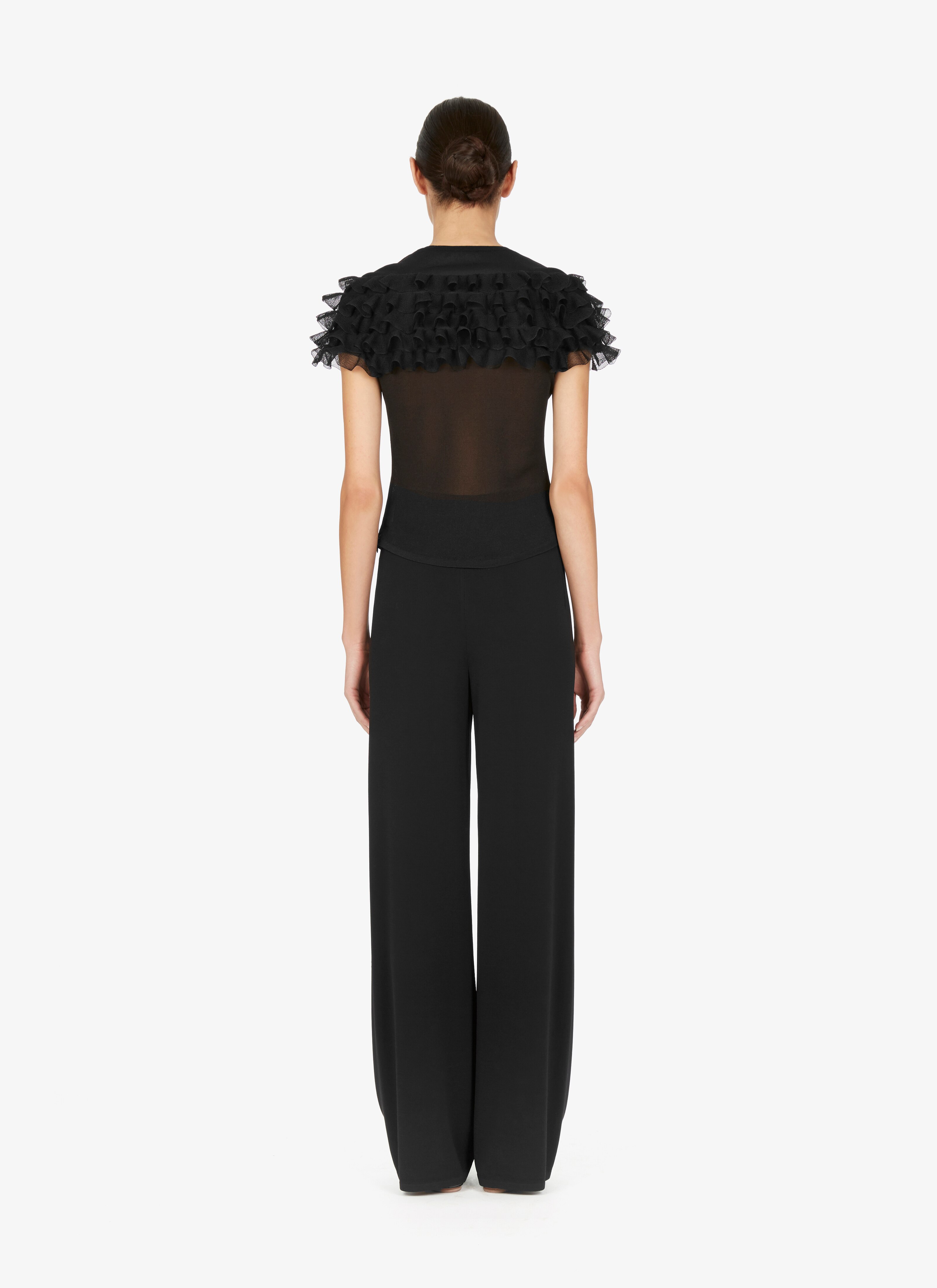 ALAÏA BLACK FRILLED SILK T-SHIRT