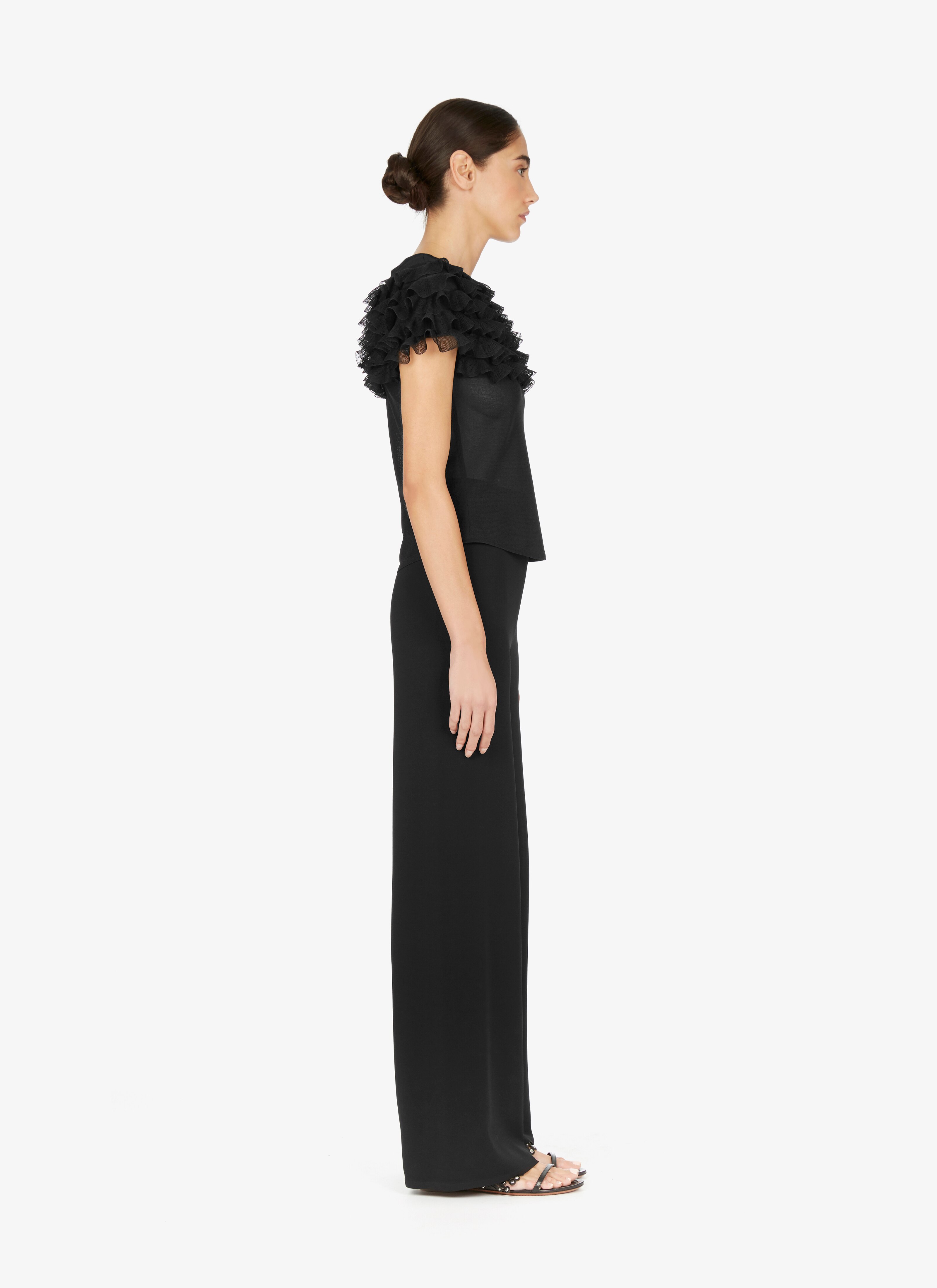 ALAÏA BLACK FRILLED SILK T-SHIRT