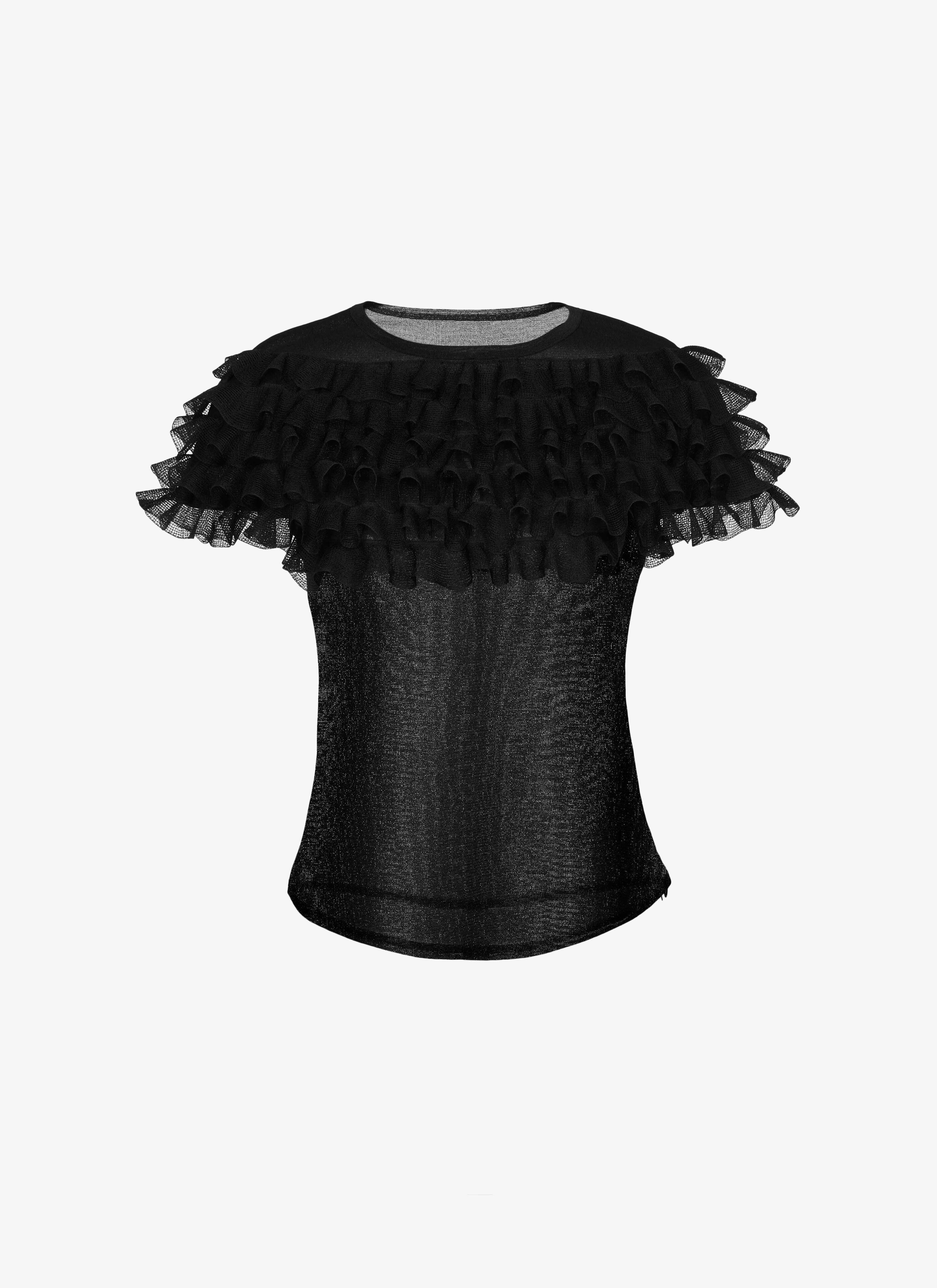 ALAÏA BLACK FRILLED SILK T-SHIRT