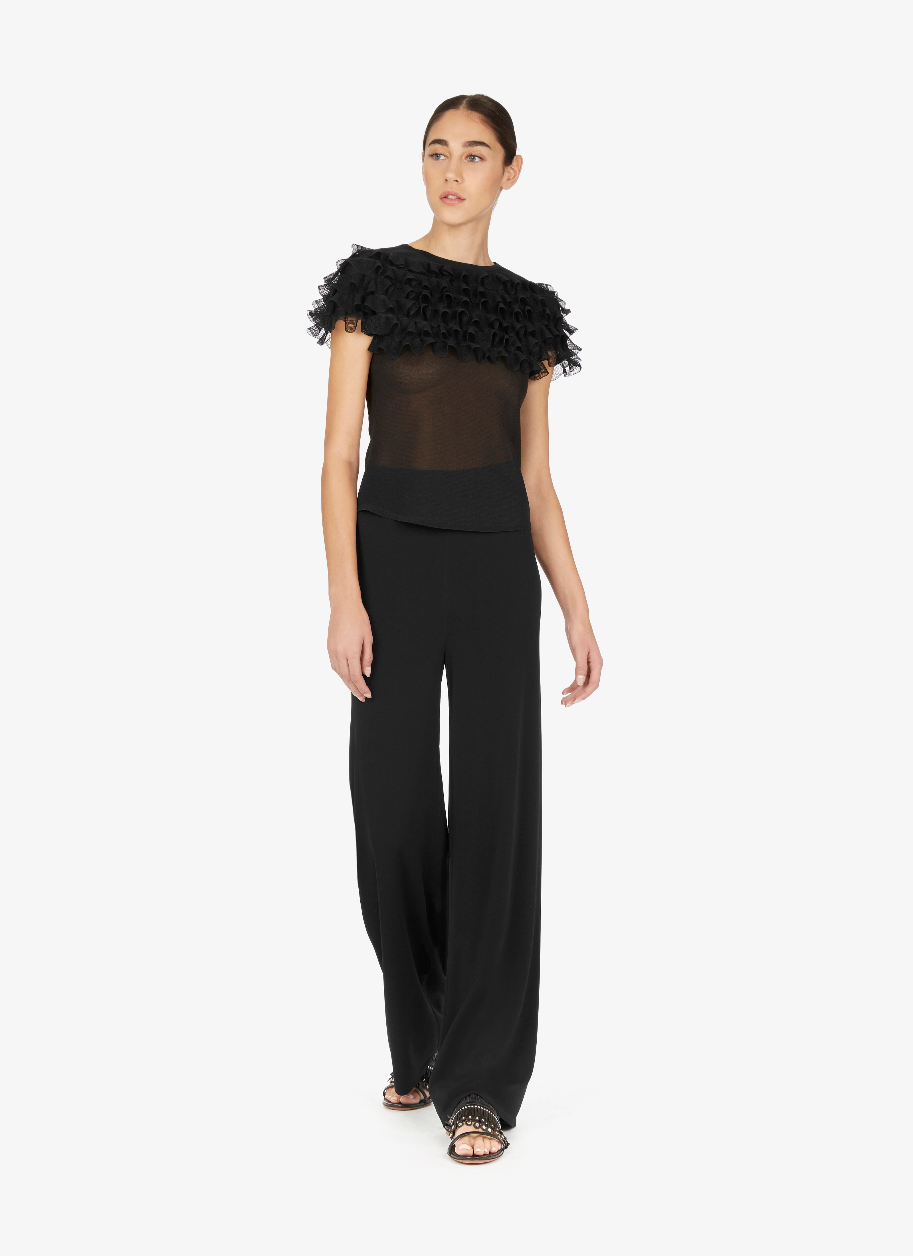 ALAÏA BLACK FRILLED SILK T-SHIRT