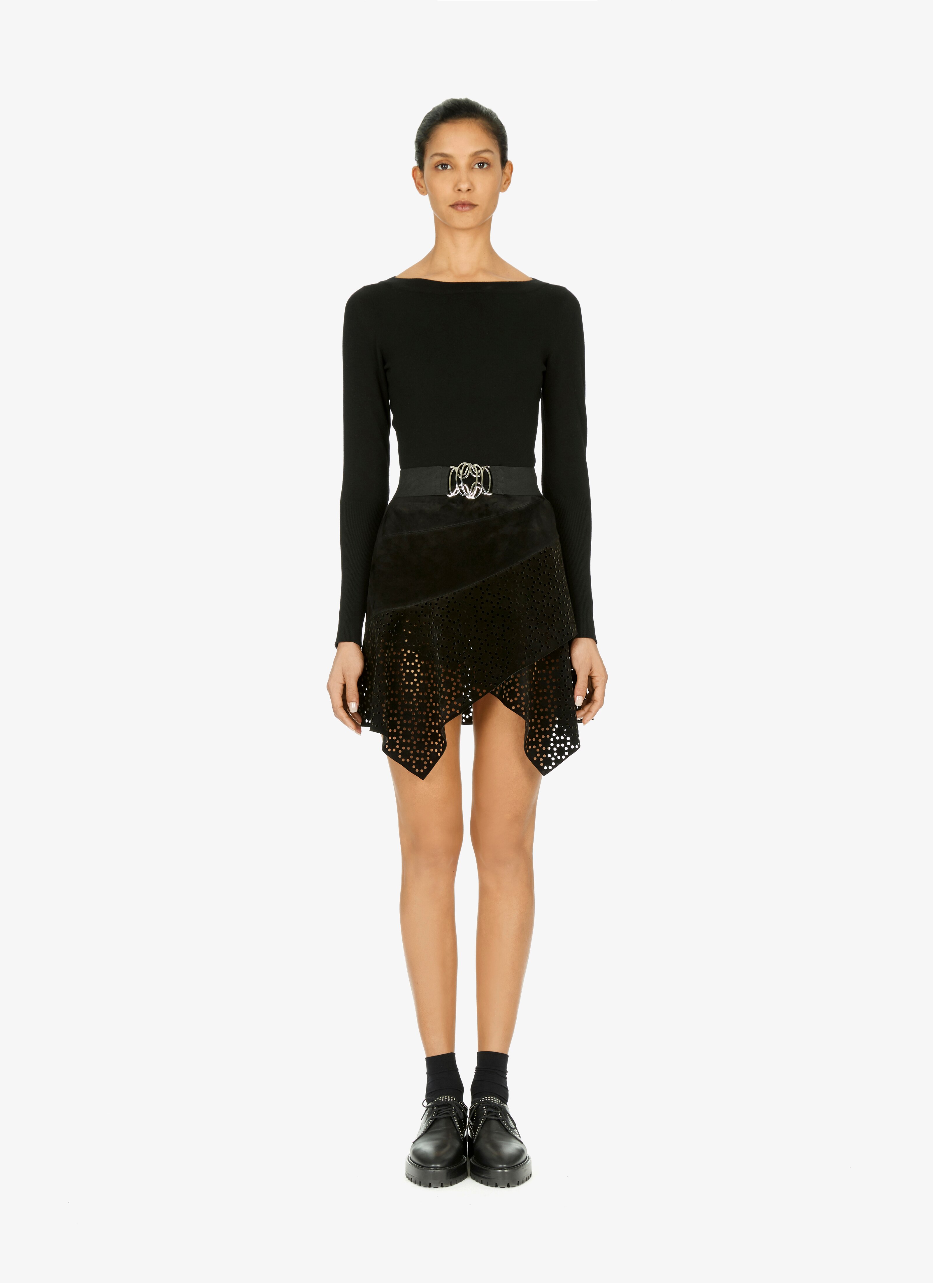 ALAÏA JUPE ASYMÉTRIQUE EN VEAU VELOURS AJOURÉ NOIR