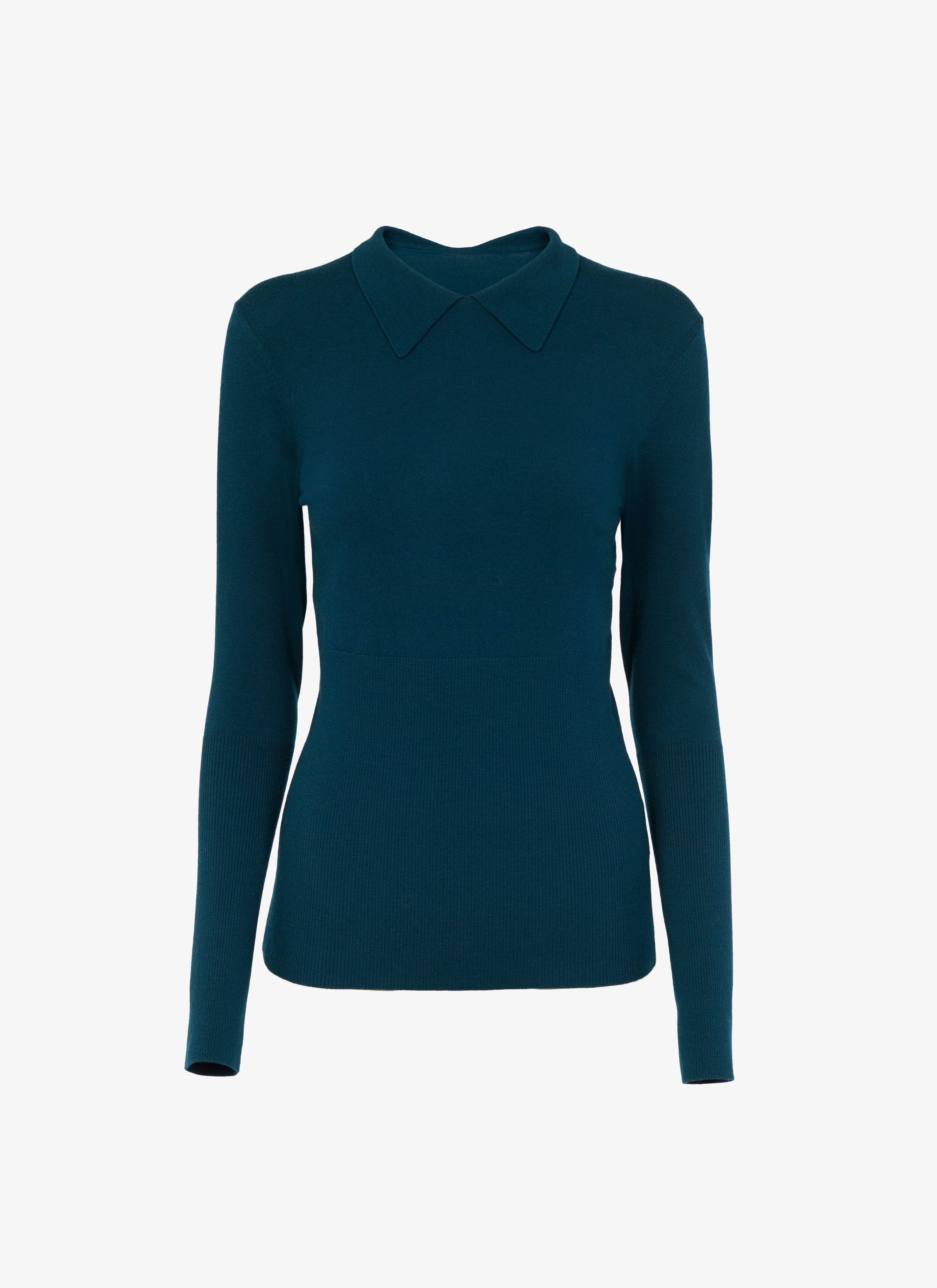 ALAÏA DARK PETROL FITTED WOOL-BLEND SWEATER 