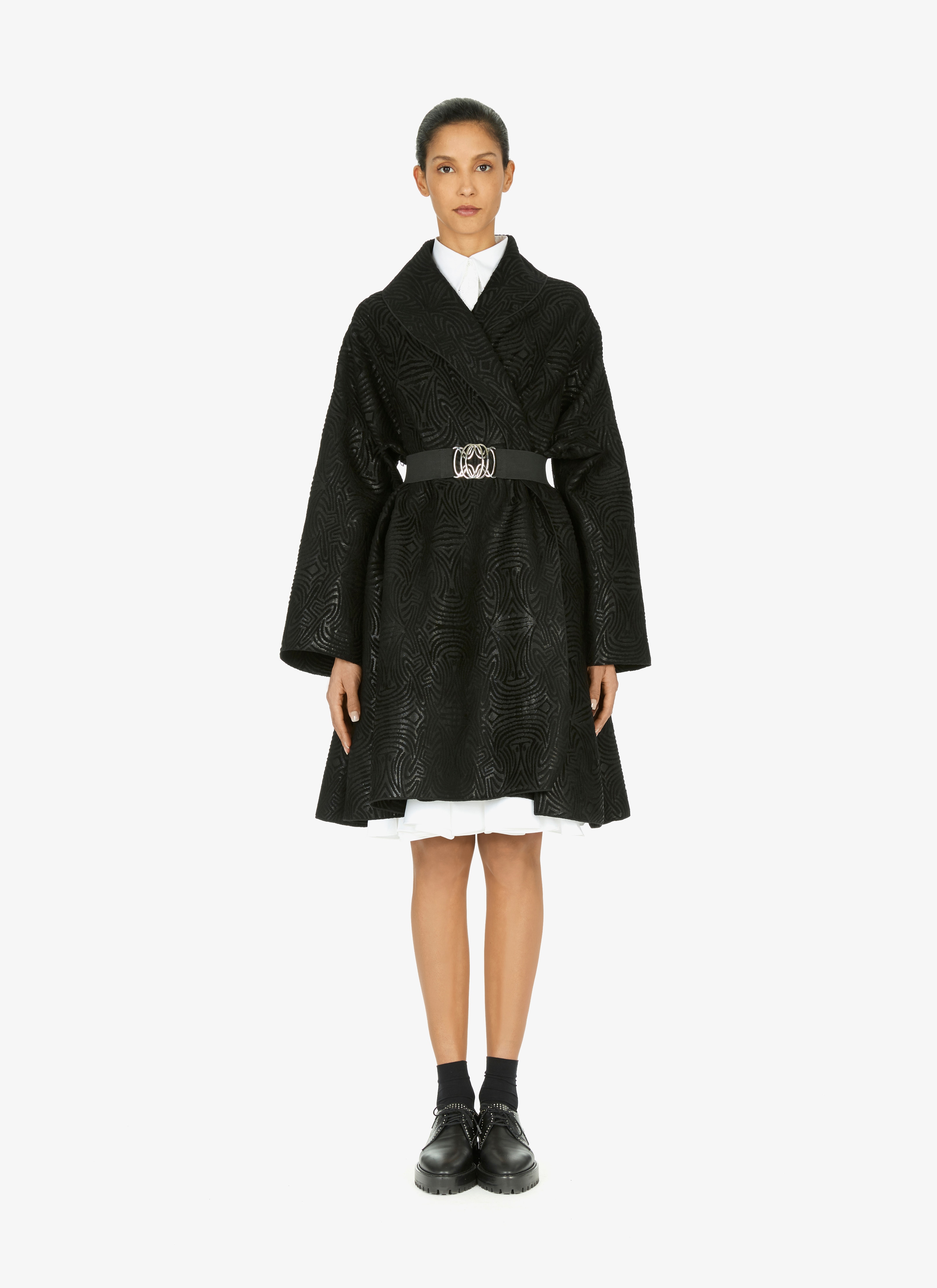 ALAÏA BLACK/SHINY BLACK OVERSIZED WOOL JERSEY JACQUARD COAT