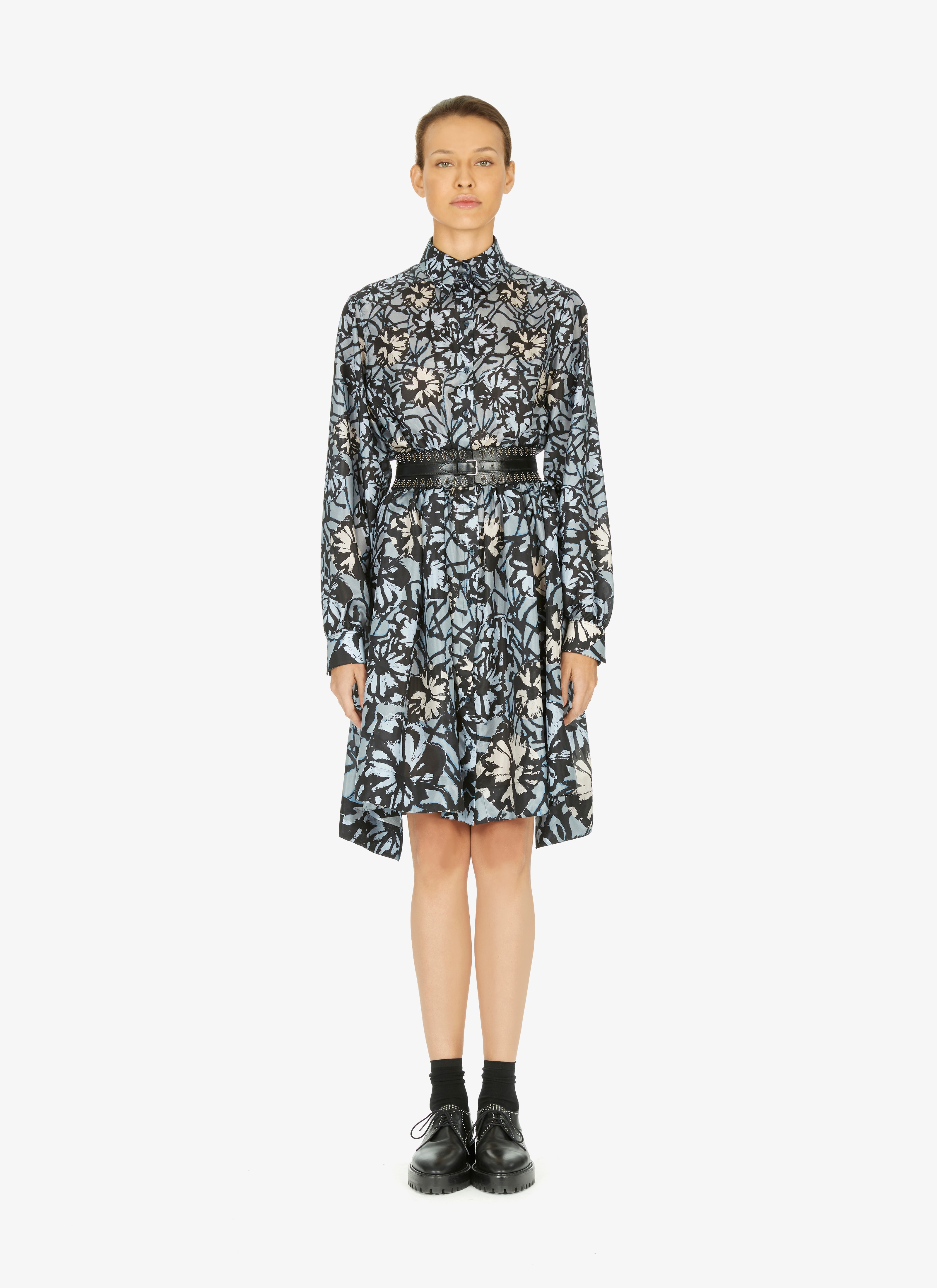 ALAÏA BLACK/BLUE PRINTED HABOTAI SILK SHIRT-DRESS 