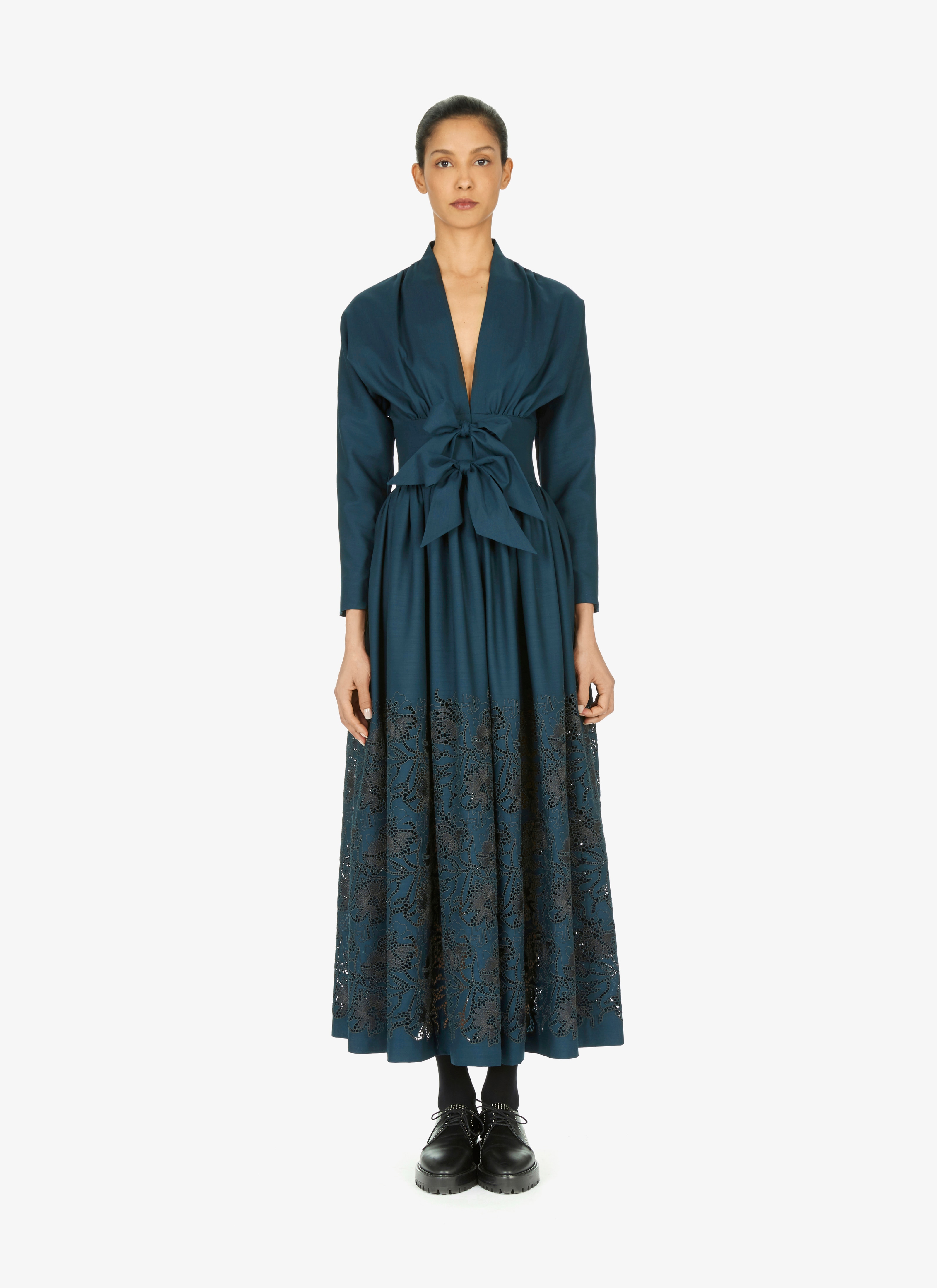 ALAÏA DARK PETROL FLARED EMBROIDERED WOOL CHIFFON DRESS