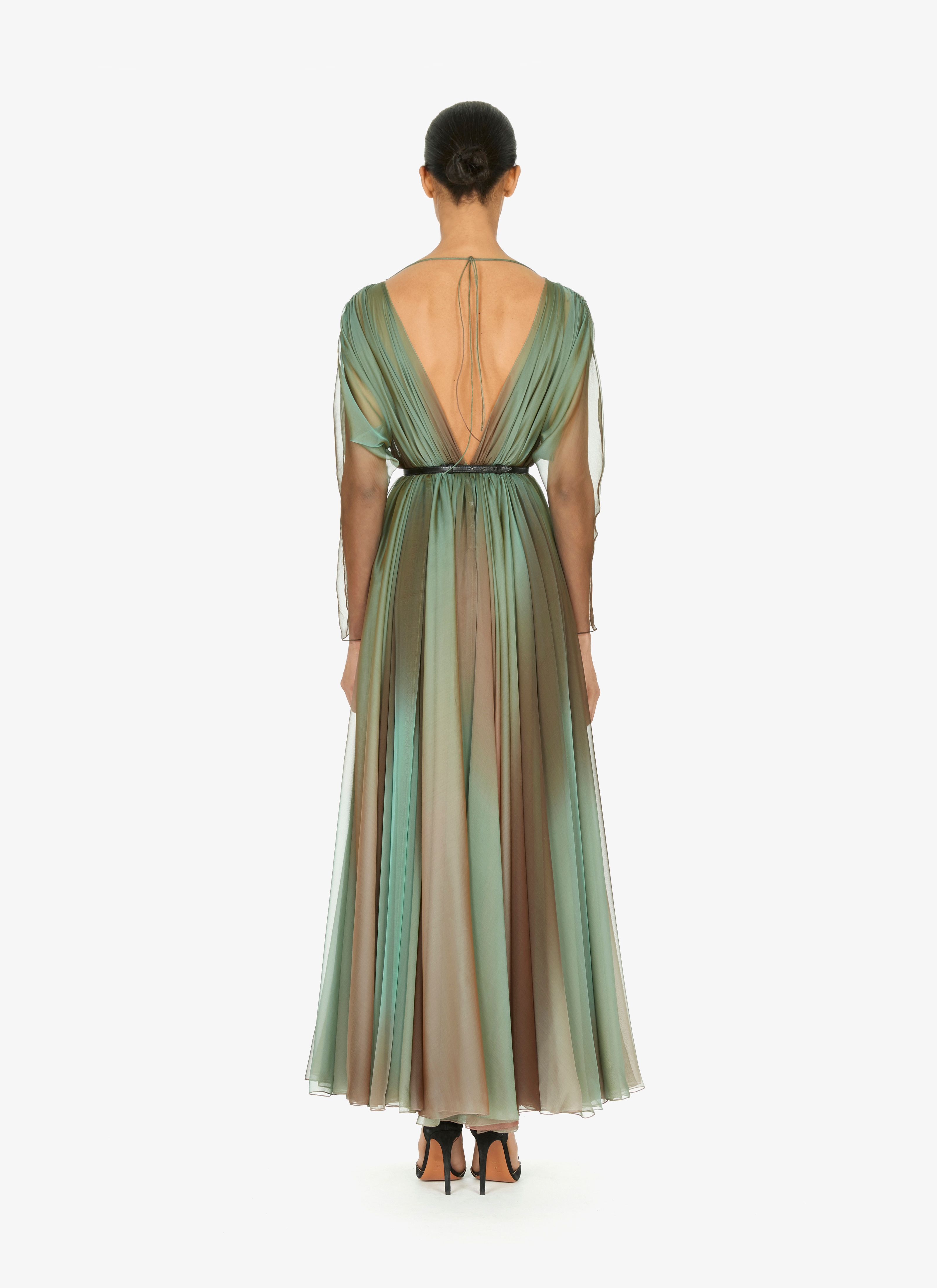 ALAÏA LAGOON BLUE PLEATED SILK CHIFFON DRESS WITH OPEN BACK